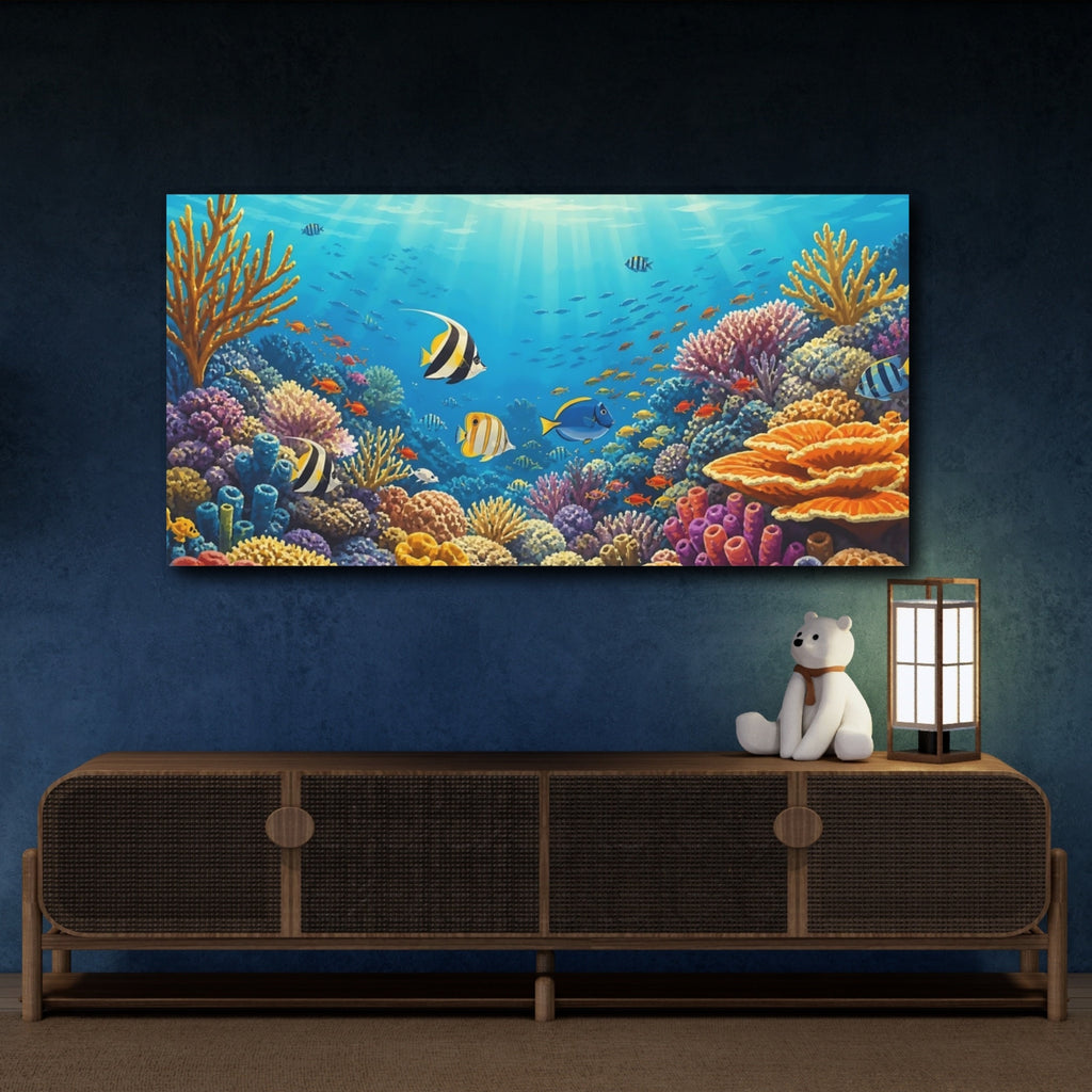 Mockup 4. Nature Tropical Fish Blue And Colorful shown as stretched canvas wall art