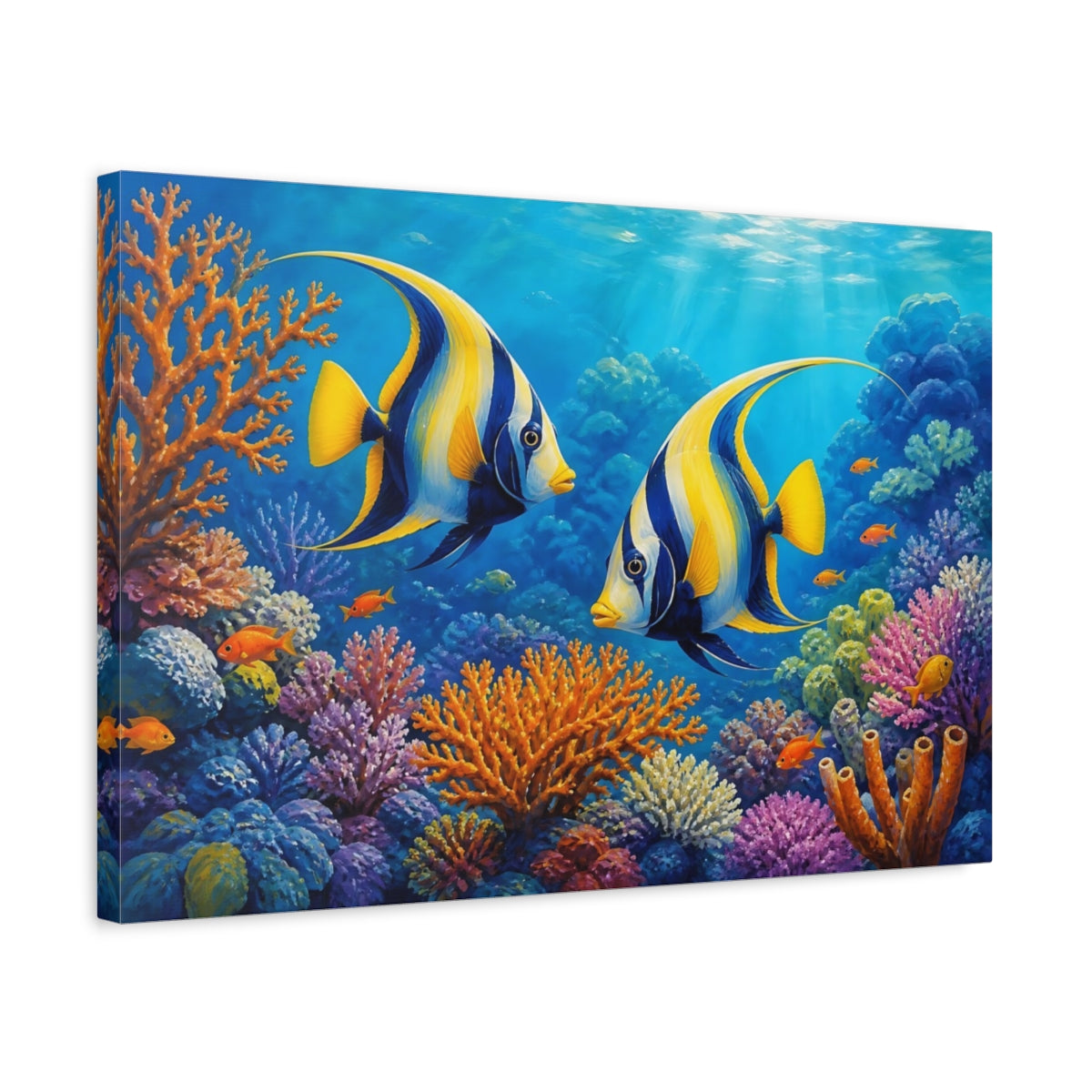 Side Mockup 3. Nature Tropical Fish Colorful Ocean shown as stretched canvas wall art