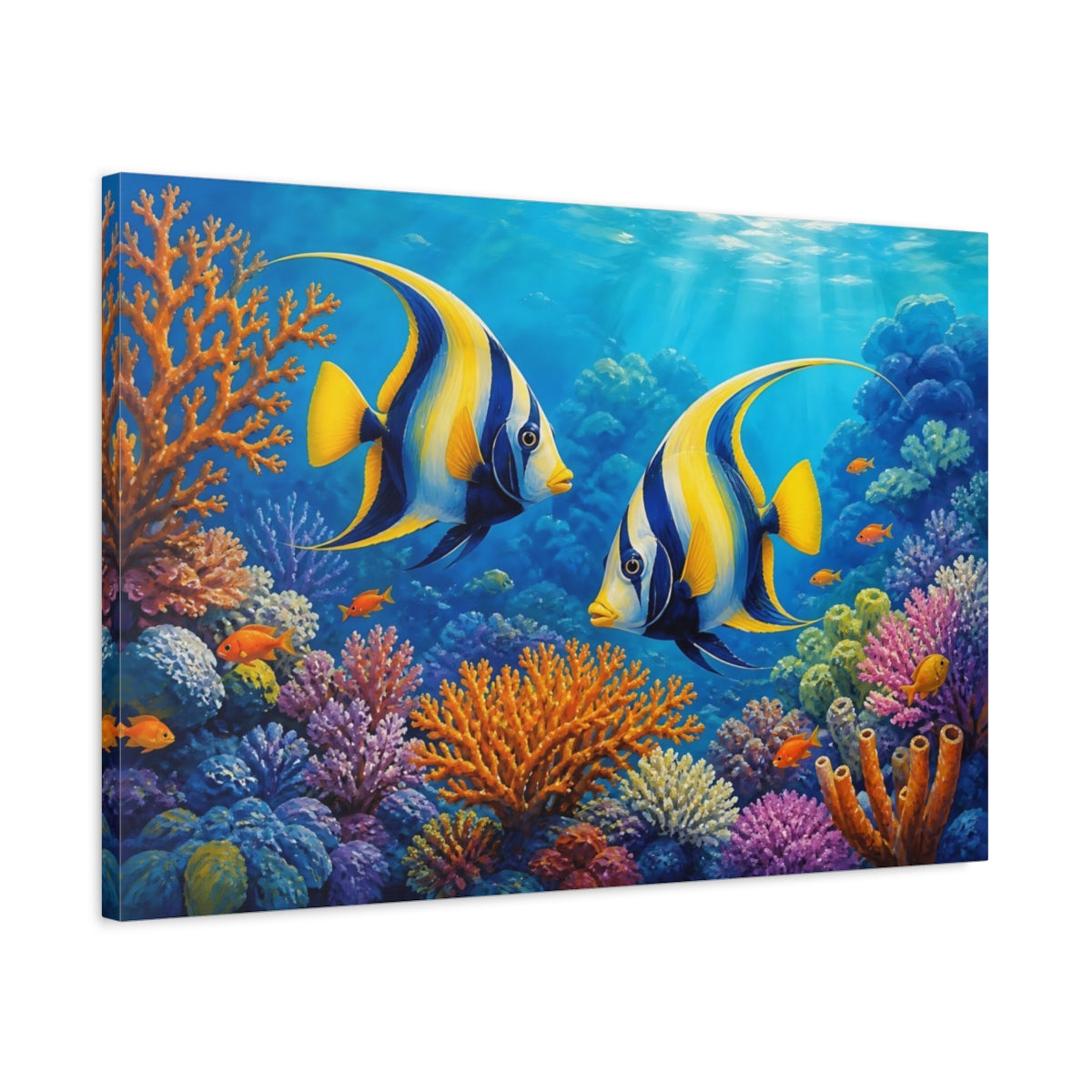 Side Mockup 2. Nature Tropical Fish Colorful Ocean shown as stretched canvas wall art