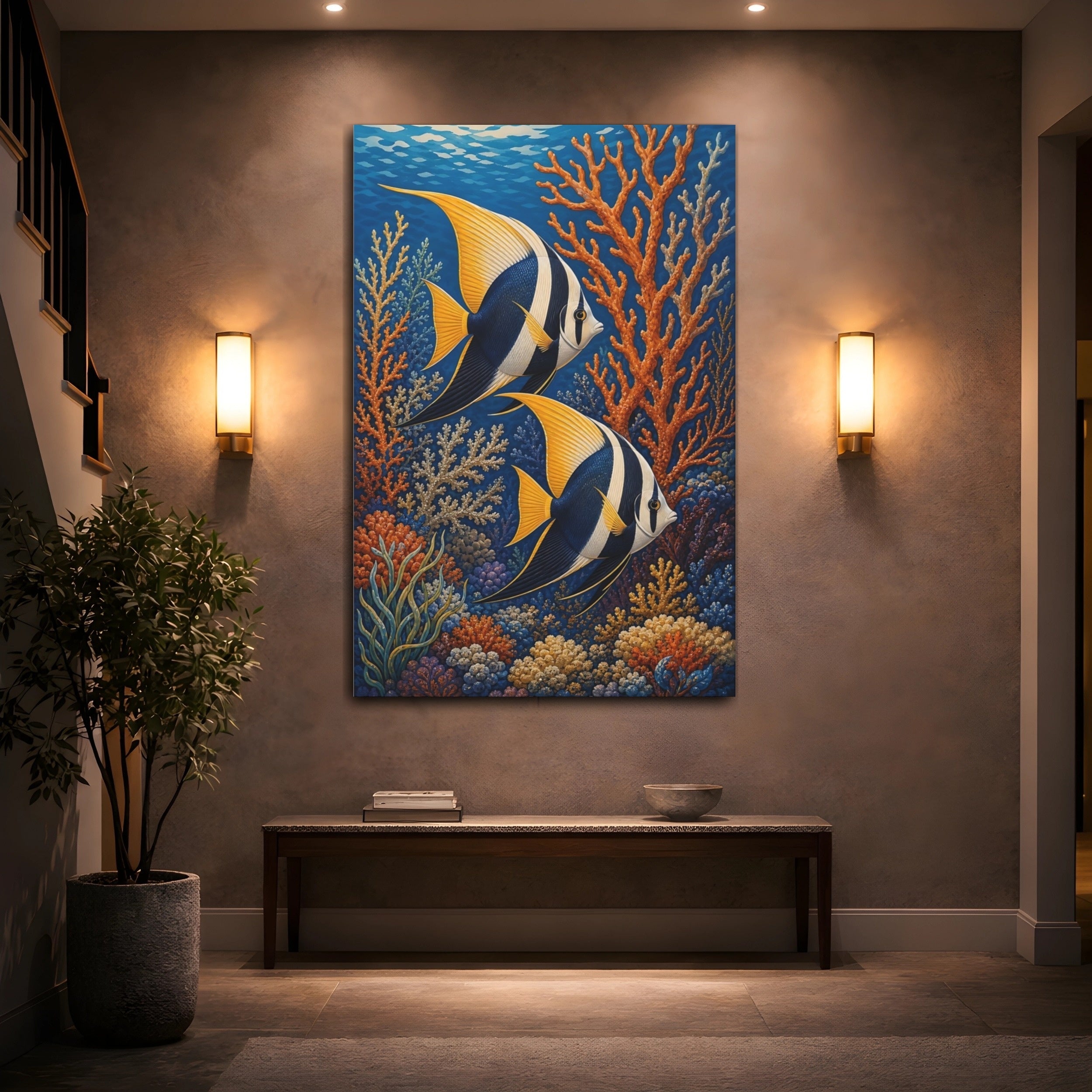 Mockup 2. Nature Tropical Fish Colorful Tropical Fish shown as stretched canvas wall art