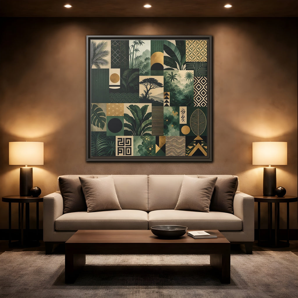 Mockup 2. Nature Tropical Foliage Green Gold Nature shown as stretched canvas wall art