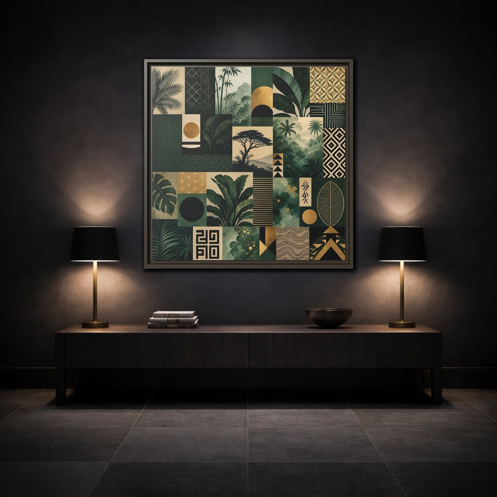Mockup 3. Nature Tropical Foliage Green Gold Nature shown as stretched canvas wall art