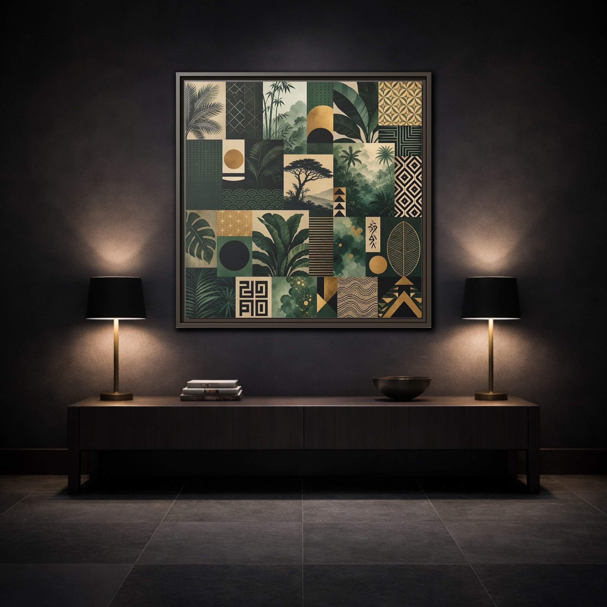Mockup 3. Nature Tropical Foliage Green Gold Nature shown as stretched canvas wall art