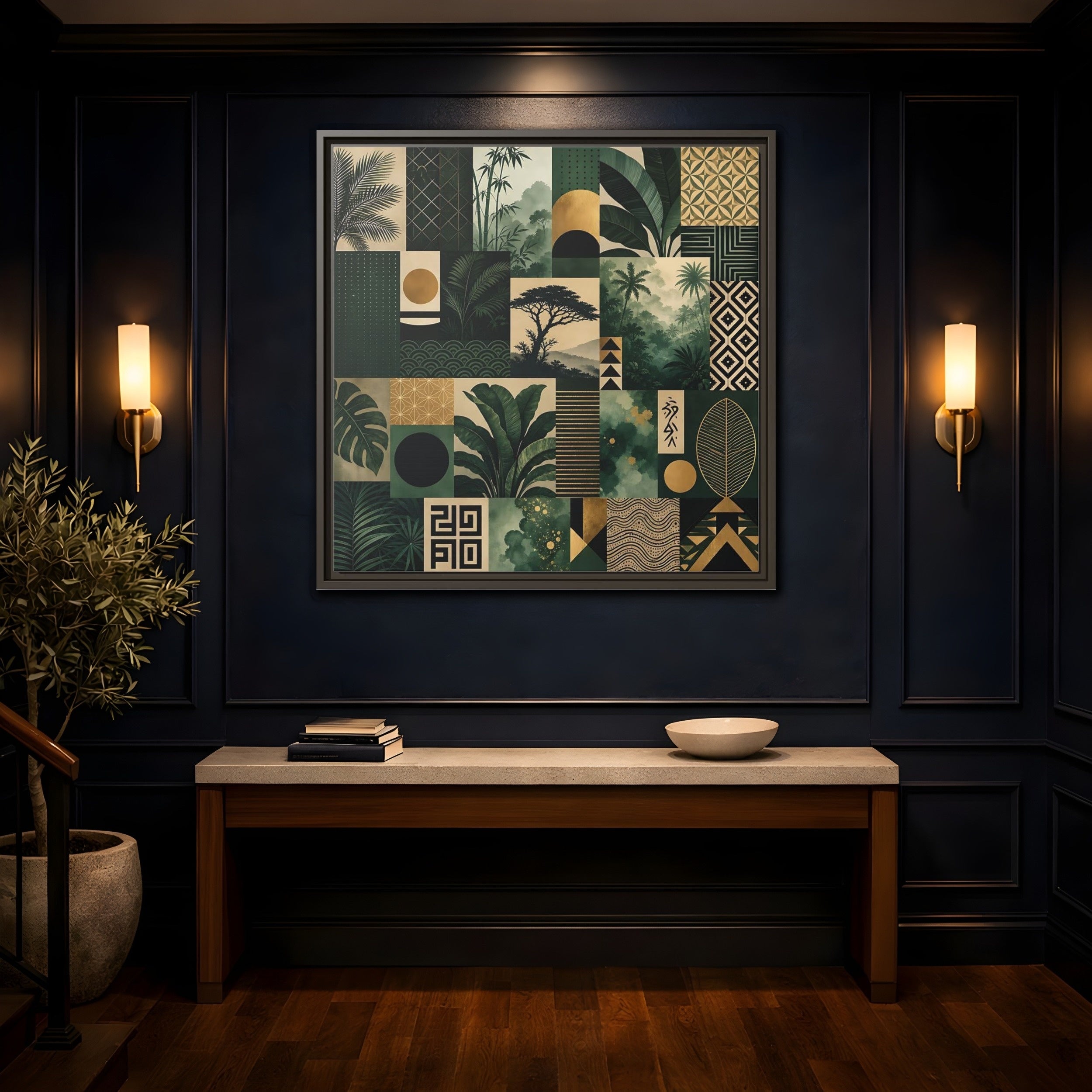 Mockup 4. Nature Tropical Foliage Green Gold Nature shown as stretched canvas wall art