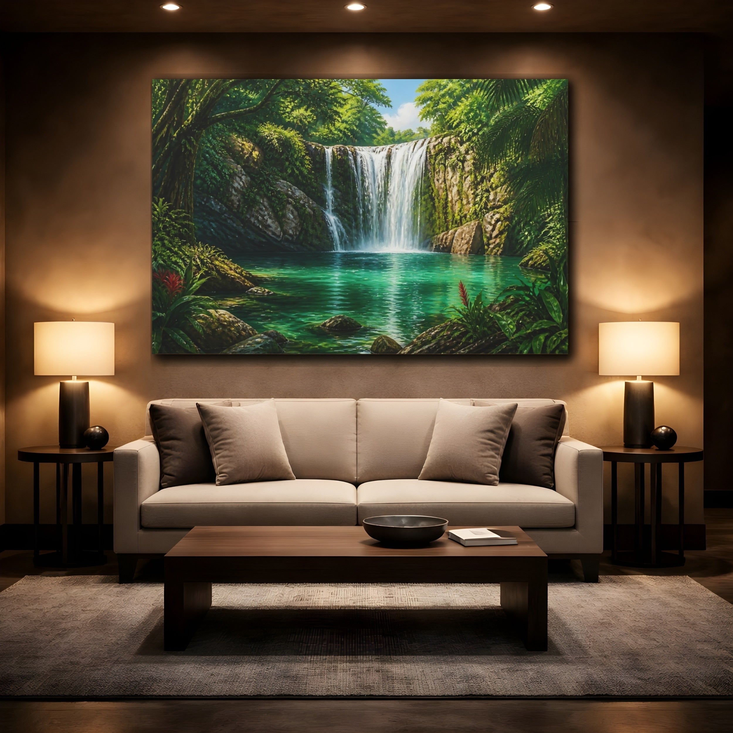 Mockup 2. Nature Tropical Waterfall Green Waterfall shown as canvas print