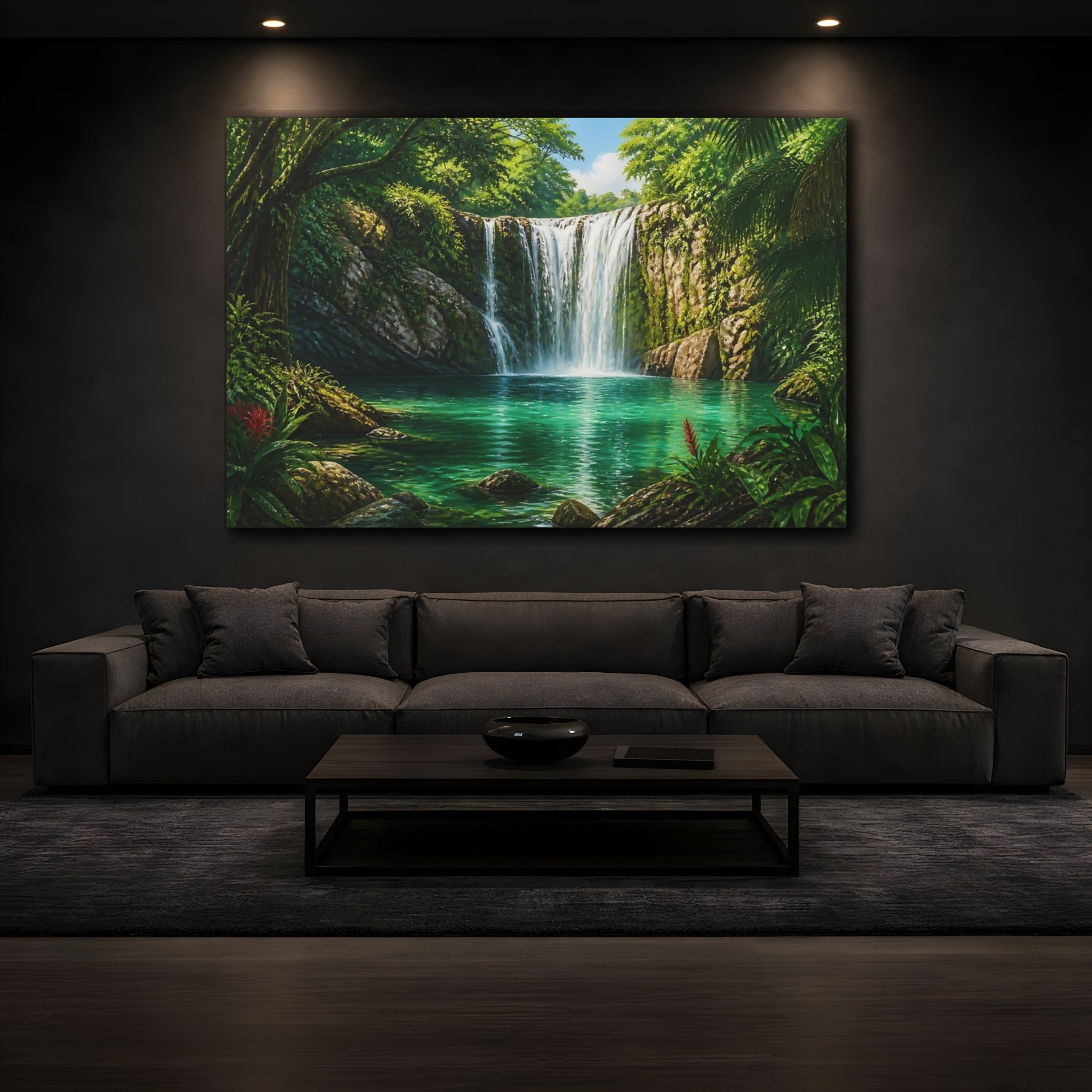 Mockup 3. Nature Tropical Waterfall Green Waterfall shown as canvas print