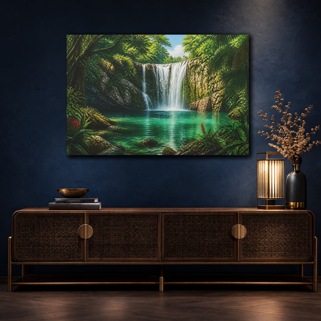 Mockup 4. Nature Tropical Waterfall Green Waterfall shown as canvas print