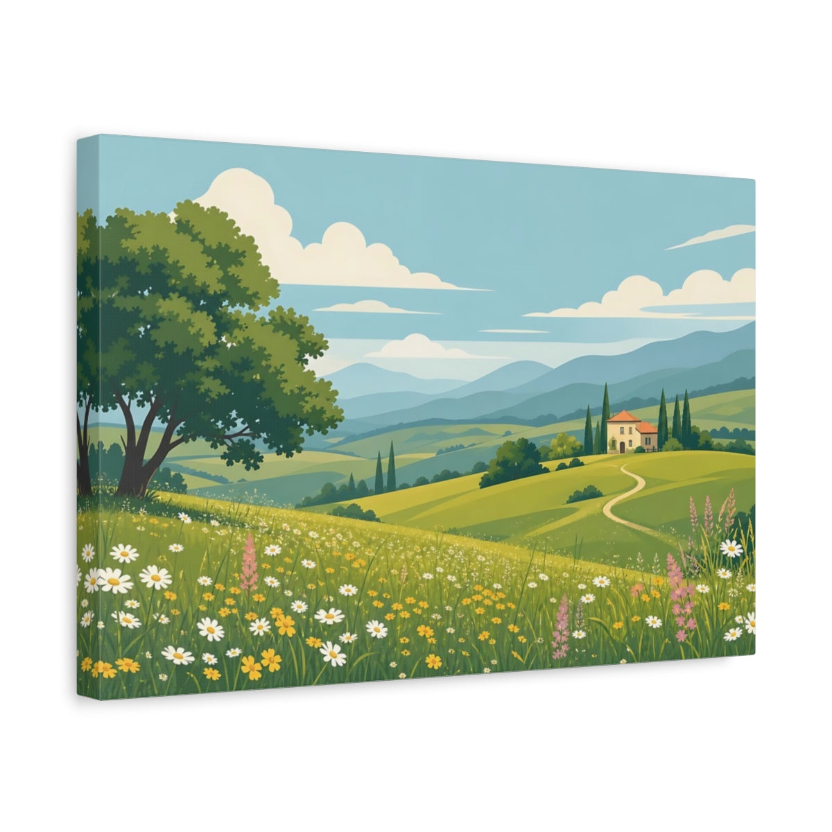 Side Mockup 4. Nature Tuscan Landscape Green And Blue Landscape shown as stretched canvas wall art