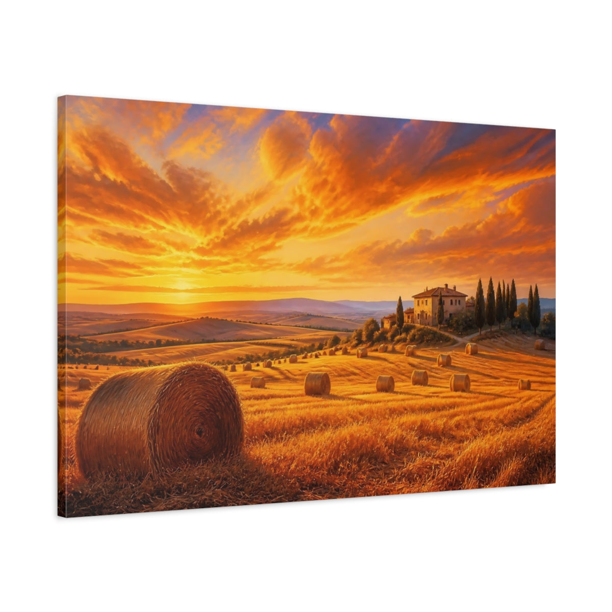 Main Mockup. Nature Tuscan Landscape Orange Sunset shown as stretched canvas wall art