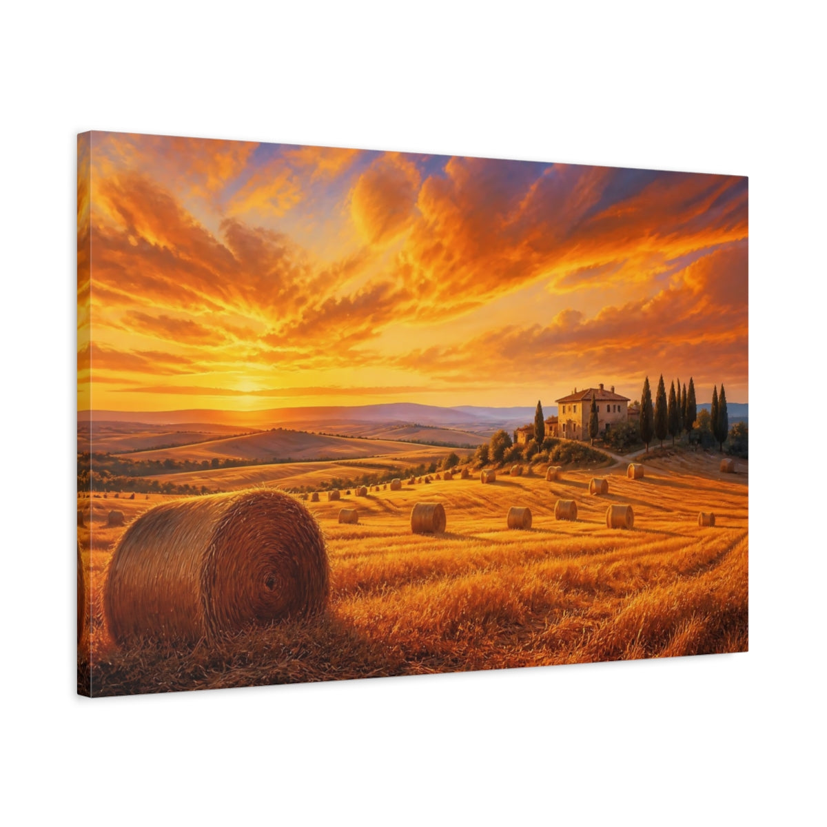 Side Mockup 2. Nature Tuscan Landscape Orange Sunset shown as stretched canvas wall art
