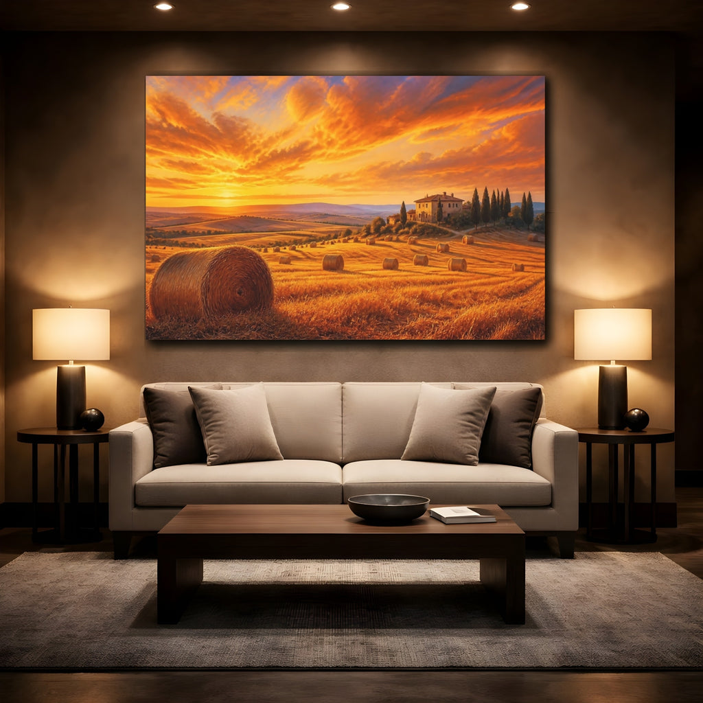 Mockup 2. Nature Tuscan Landscape Orange Sunset shown as stretched canvas wall art