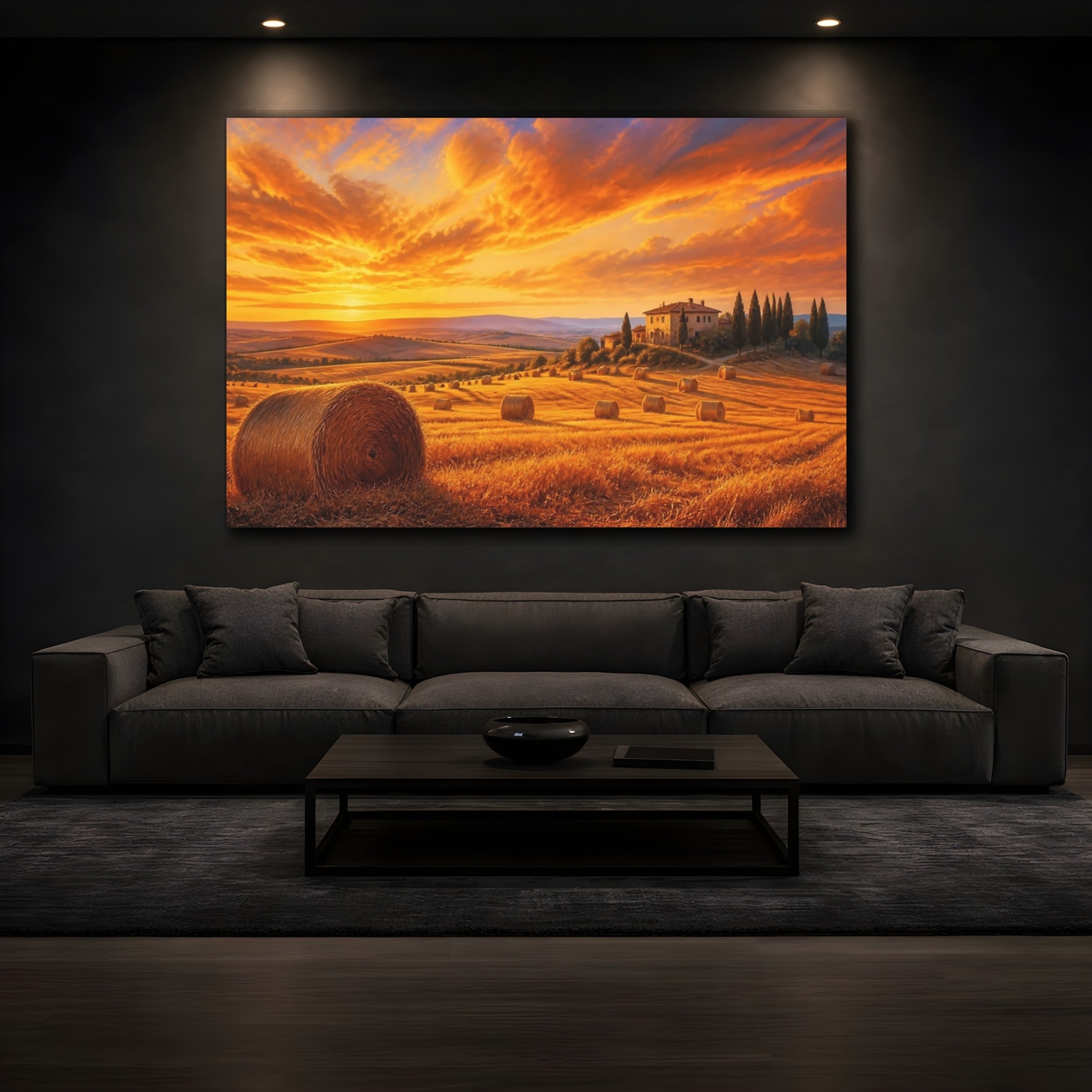 Mockup 3. Nature Tuscan Landscape Orange Sunset shown as stretched canvas wall art