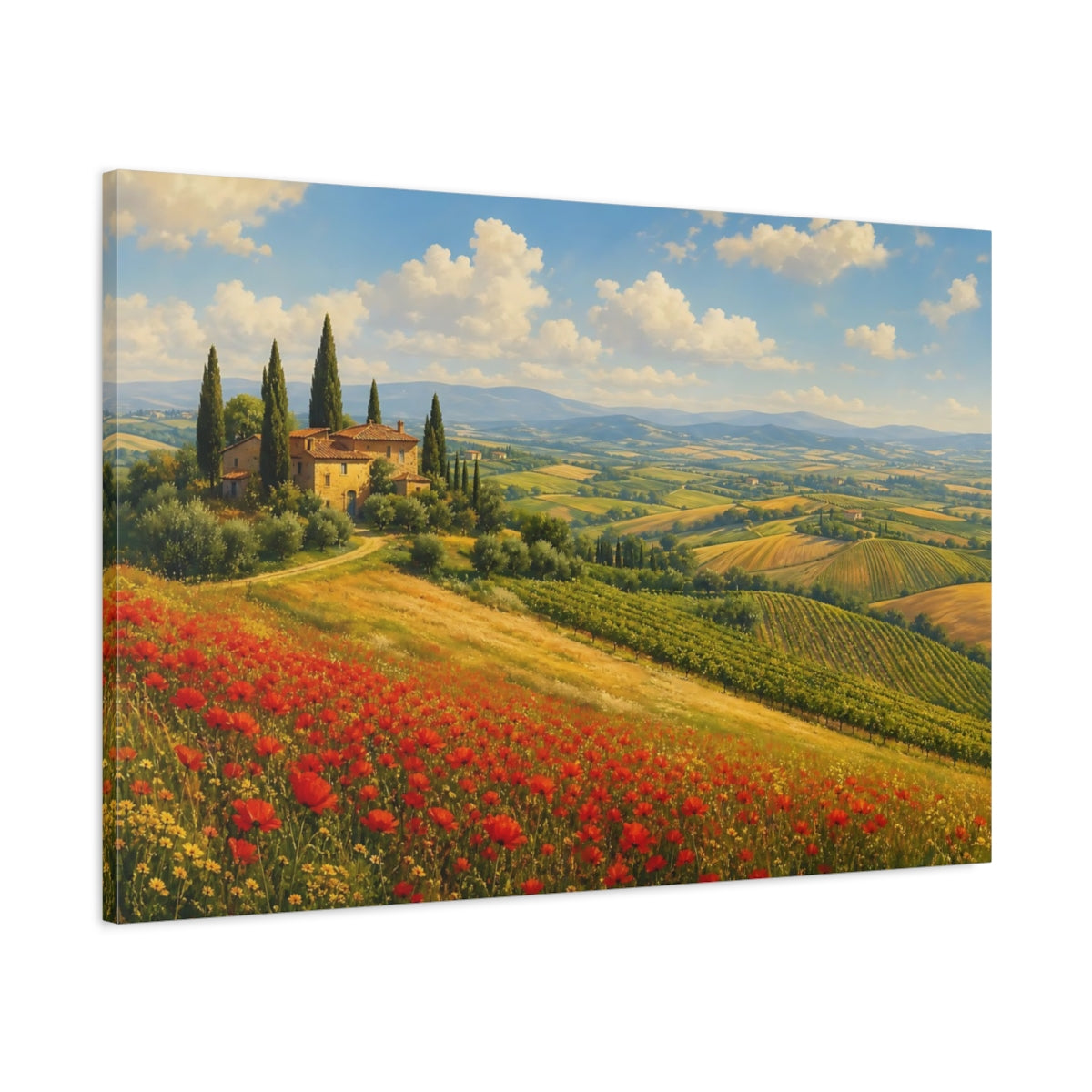 Main Mockup. Nature Tuscan Landscape Red Poppies Landscape shown as canvas print