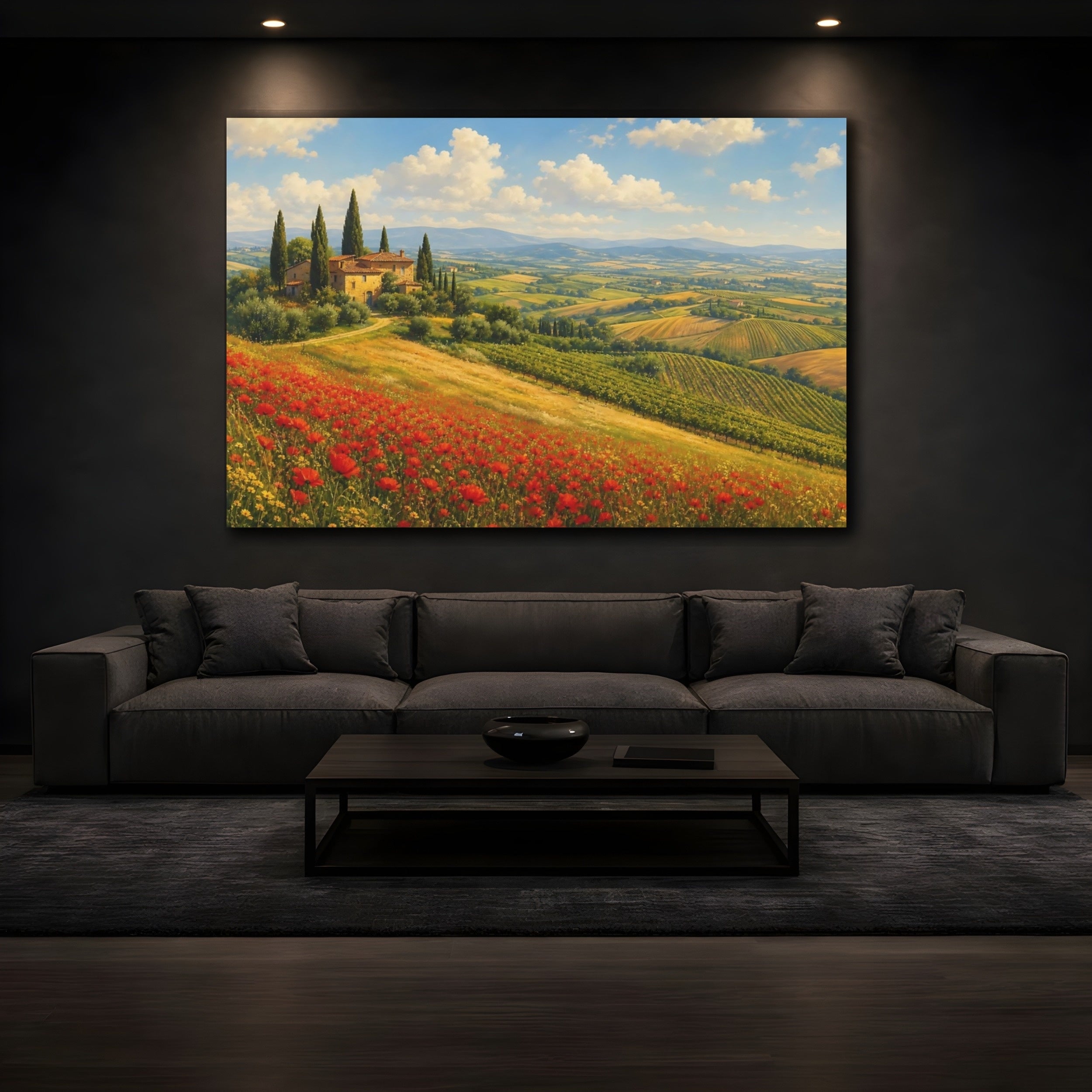 Mockup 3. Nature Tuscan Landscape Red Poppies Landscape shown as canvas print