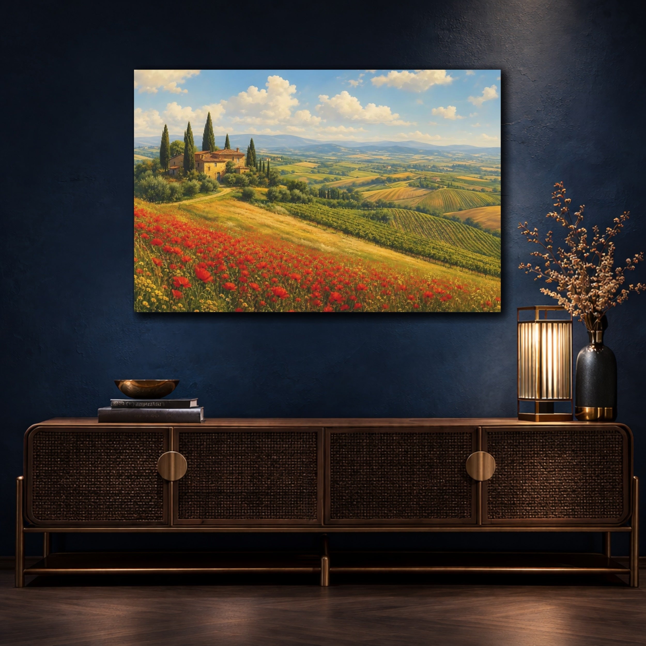 Mockup 4. Nature Tuscan Landscape Red Poppies Landscape shown as canvas print