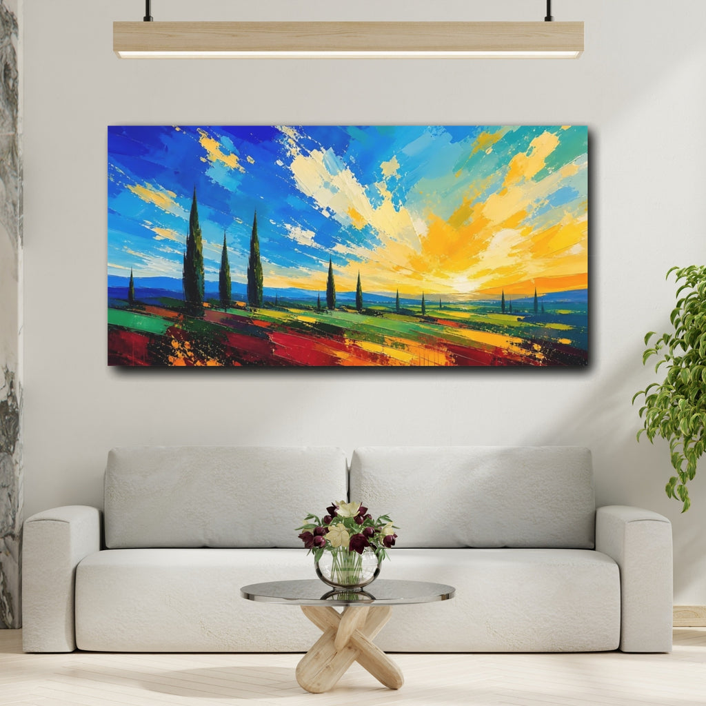 Mockup 2. Nature Tuscan Landscape Vibrant Tuscan Landscape shown as stretched canvas wall art