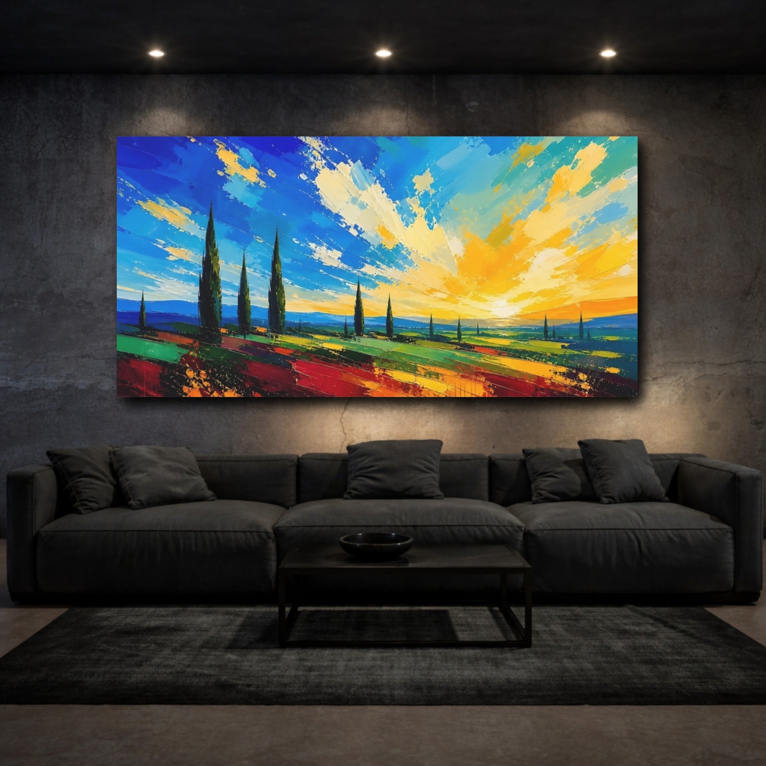 Mockup 3. Nature Tuscan Landscape Vibrant Tuscan Landscape shown as stretched canvas wall art