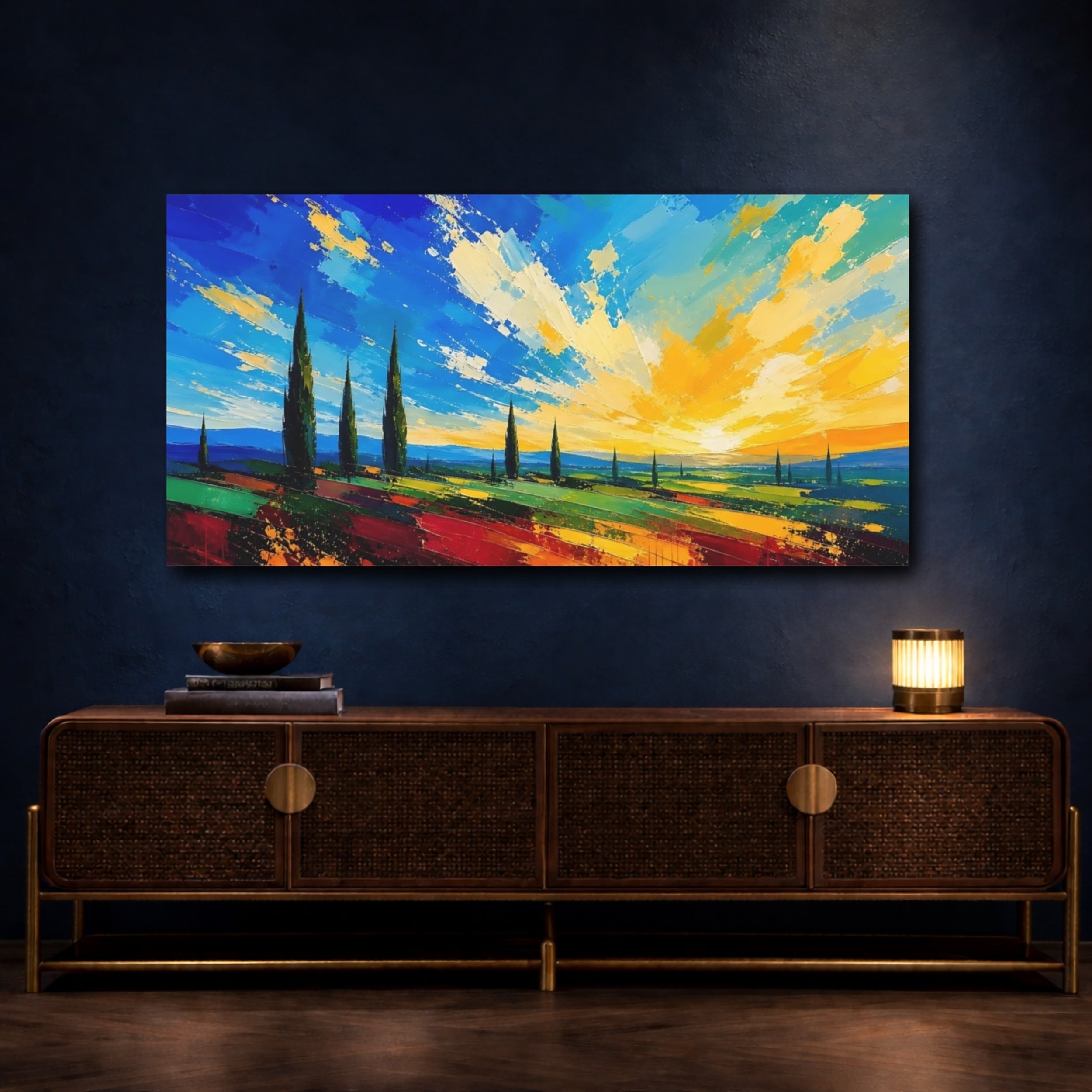 Mockup 4. Nature Tuscan Landscape Vibrant Tuscan Landscape shown as stretched canvas wall art