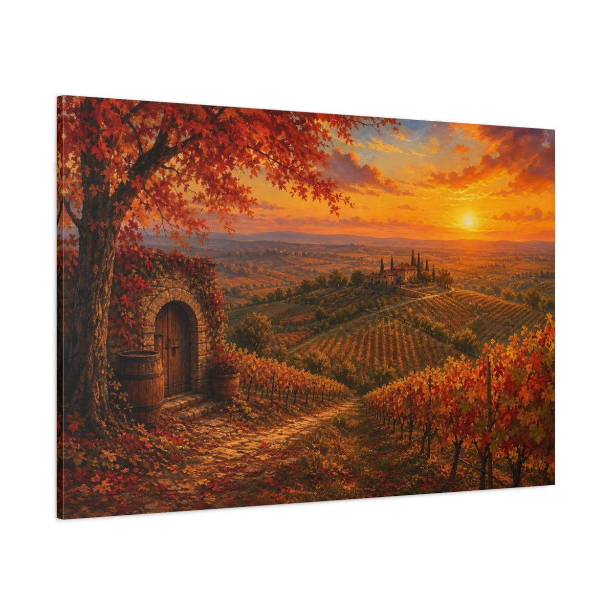 Side Mockup 1. Nature Vineyard Autumn Sunset shown as canvas print
