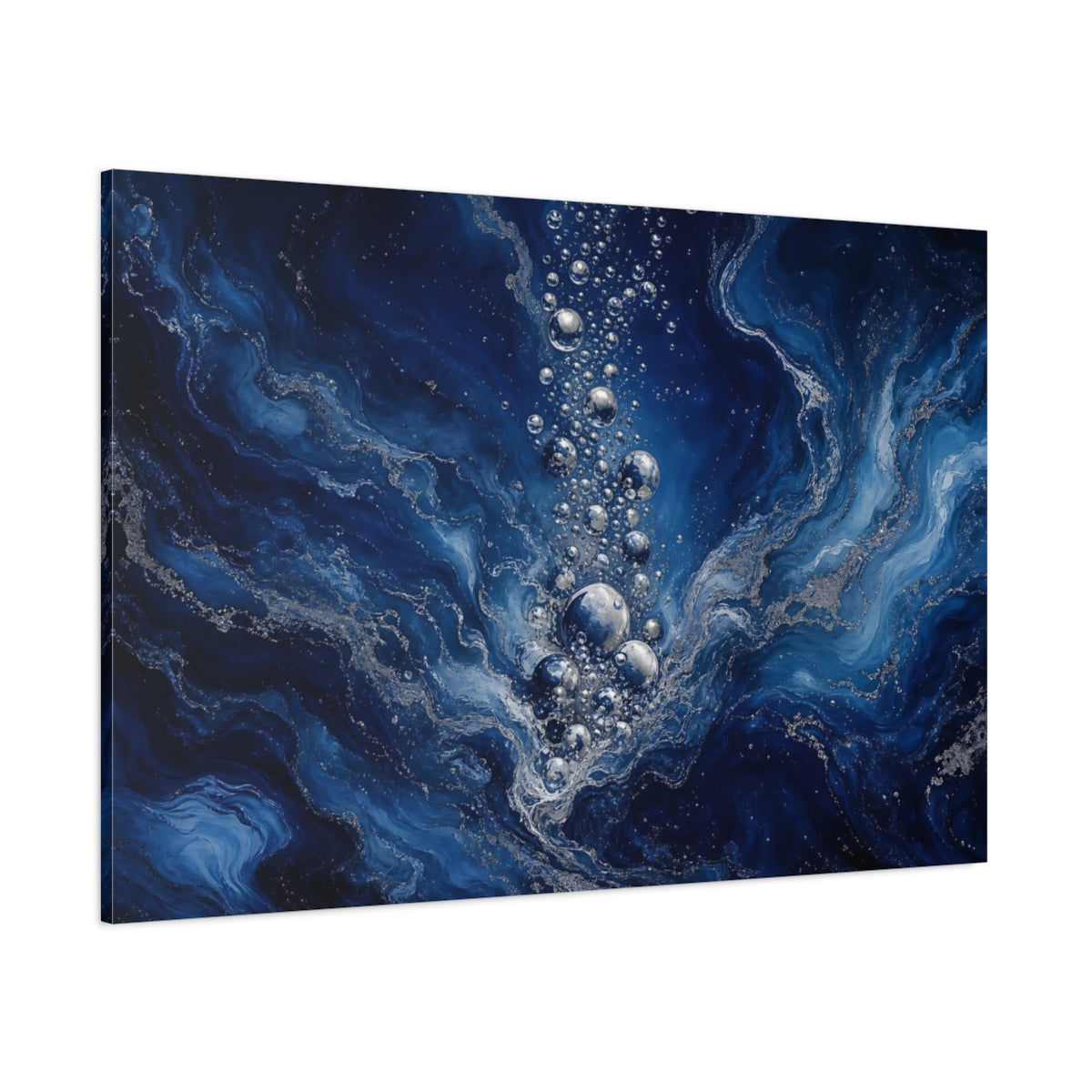 Side Mockup 1. Nature Water Bubbles Blue And Silver shown as stretched canvas wall art
