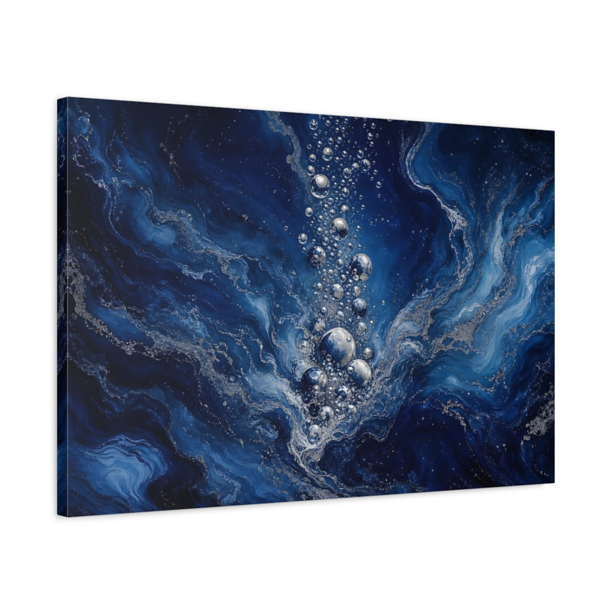 Side Mockup 2. Nature Water Bubbles Blue And Silver shown as stretched canvas wall art