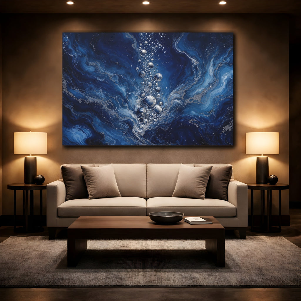Mockup 2. Nature Water Bubbles Blue And Silver shown as stretched canvas wall art