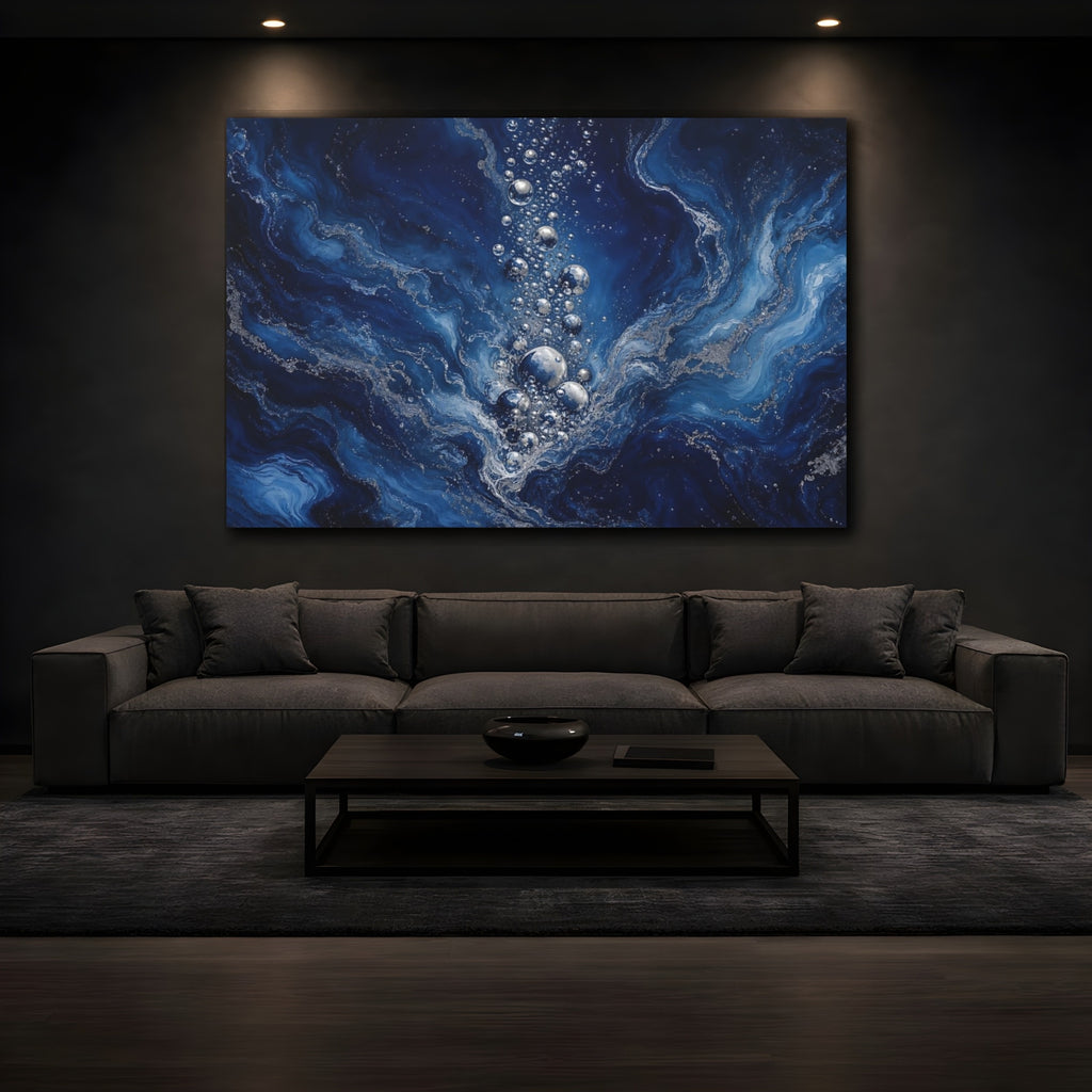 Mockup 3. Nature Water Bubbles Blue And Silver shown as stretched canvas wall art