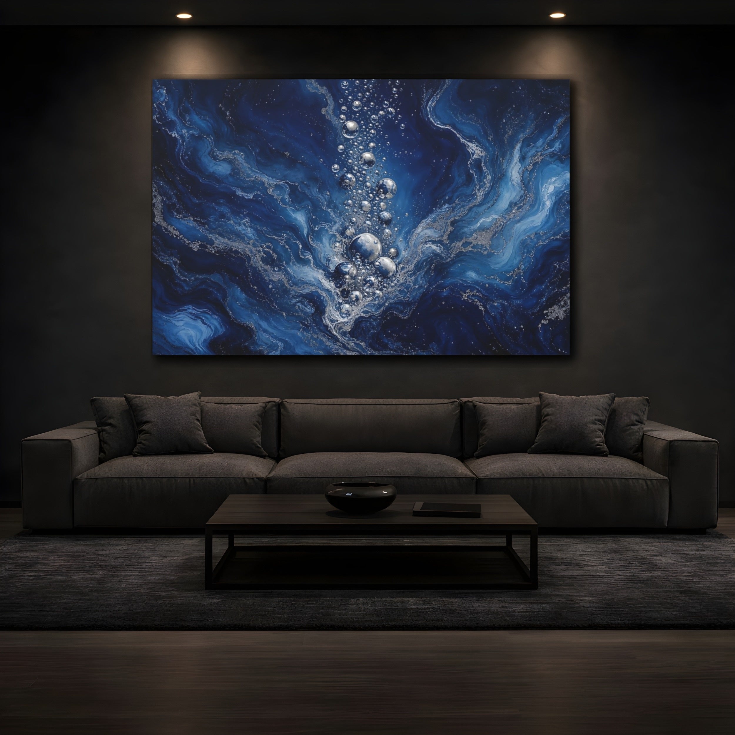 Mockup 3. Nature Water Bubbles Blue And Silver shown as stretched canvas wall art