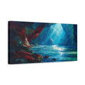 Side Mockup 3. Nature Water Cave Blue And Gold shown as stretched canvas wall art