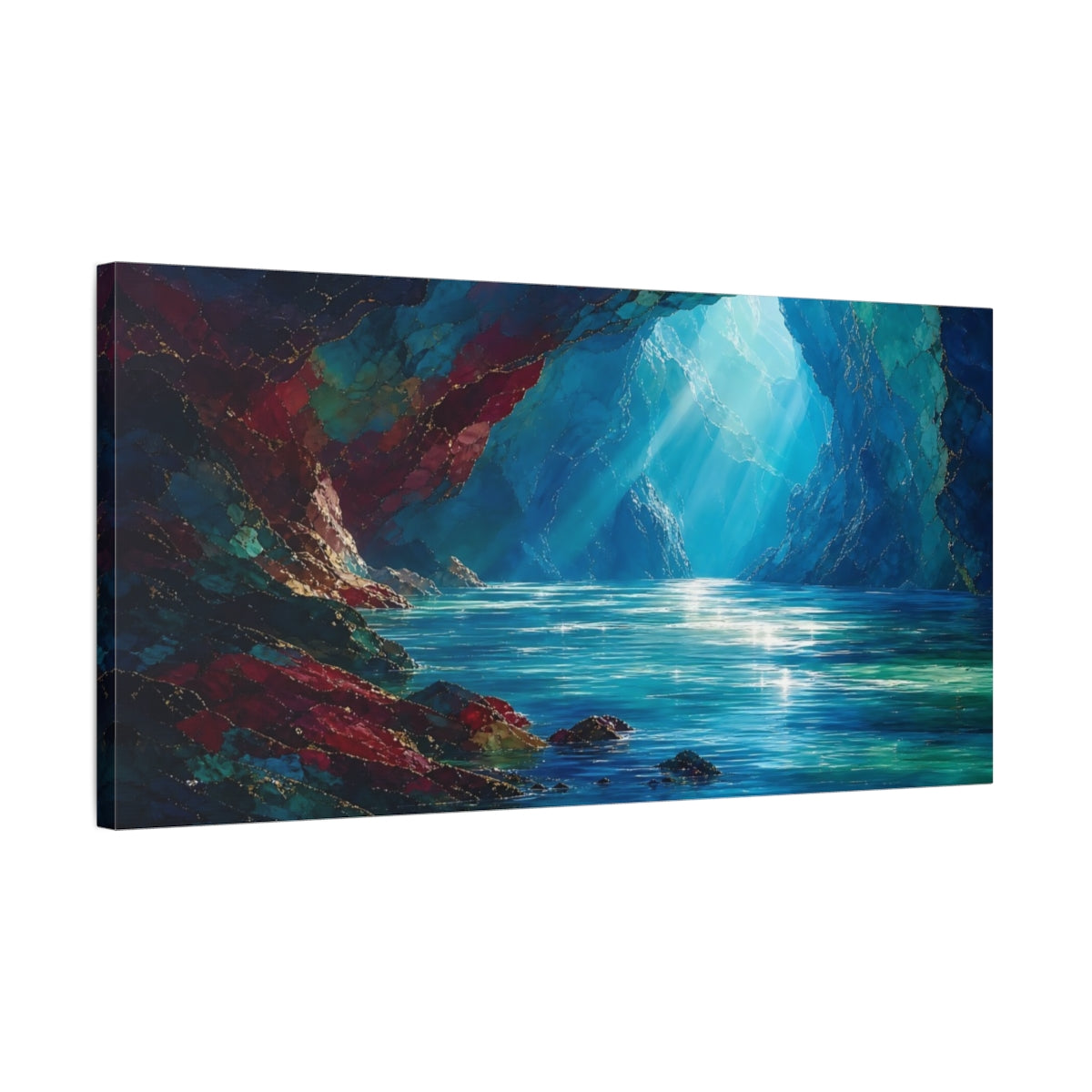Side Mockup 1. Nature Water Cave Blue And Gold shown as stretched canvas wall art