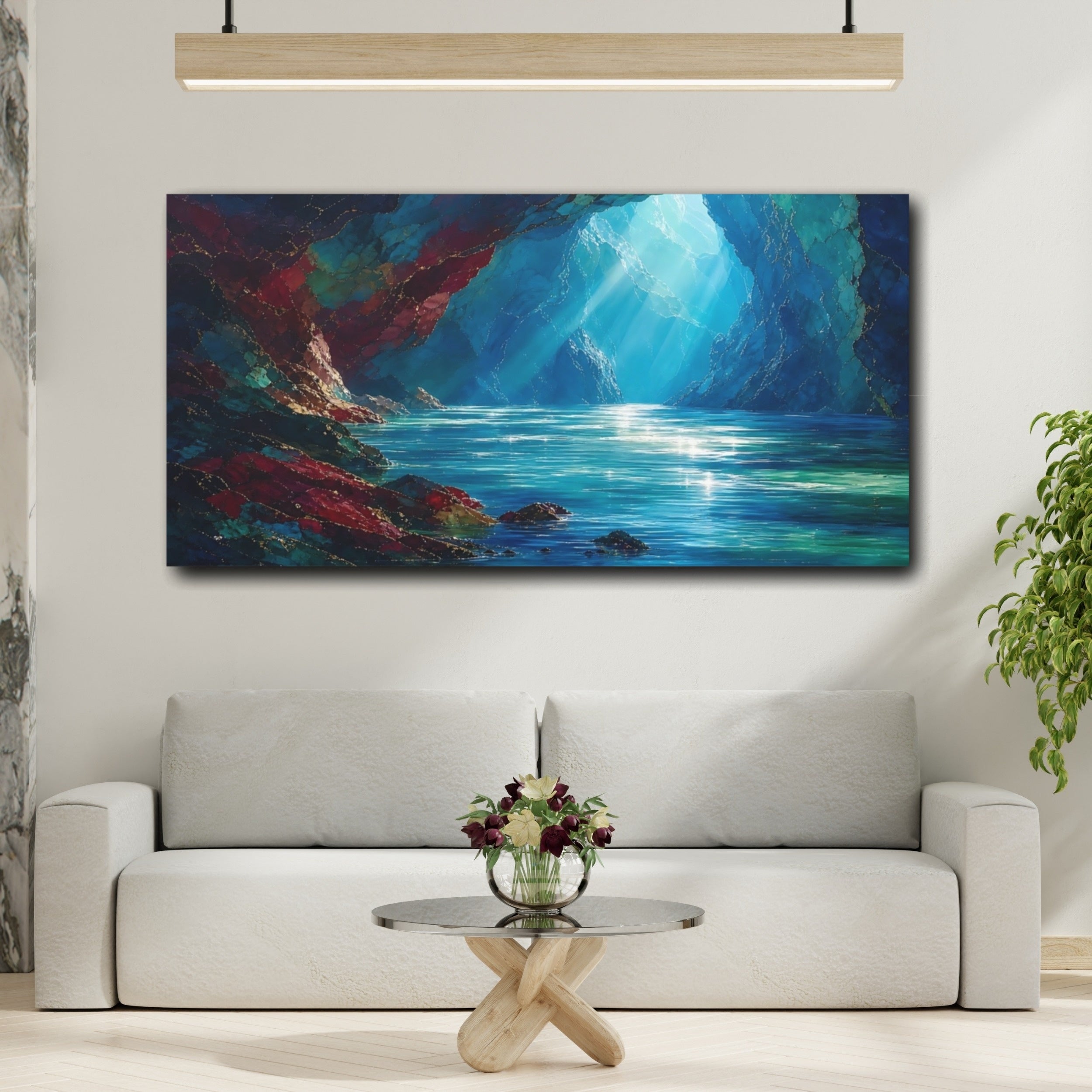 Mockup 2. Nature Water Cave Blue And Gold shown as stretched canvas wall art