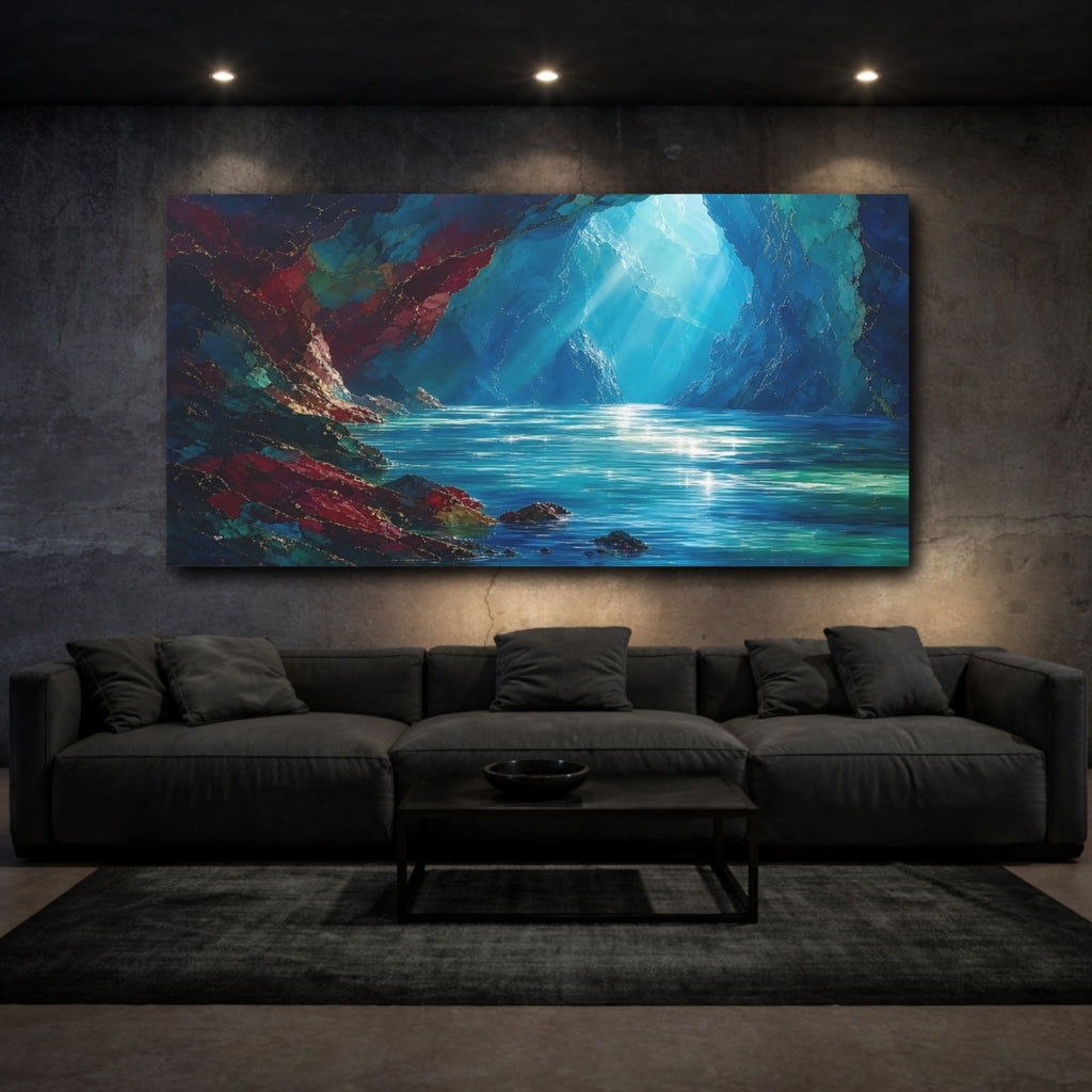 Mockup 3. Nature Water Cave Blue And Gold shown as stretched canvas wall art