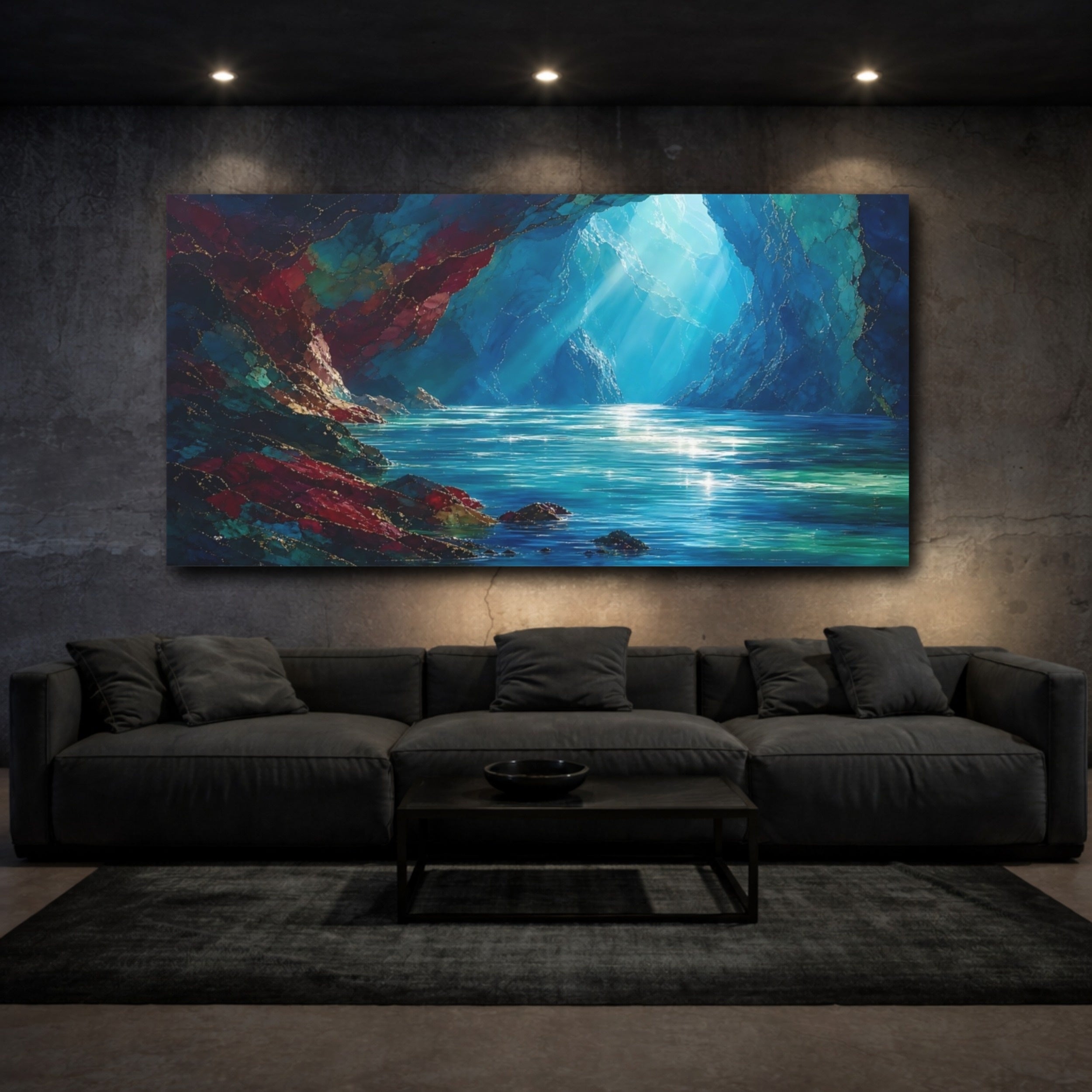 Mockup 3. Nature Water Cave Blue And Gold shown as stretched canvas wall art