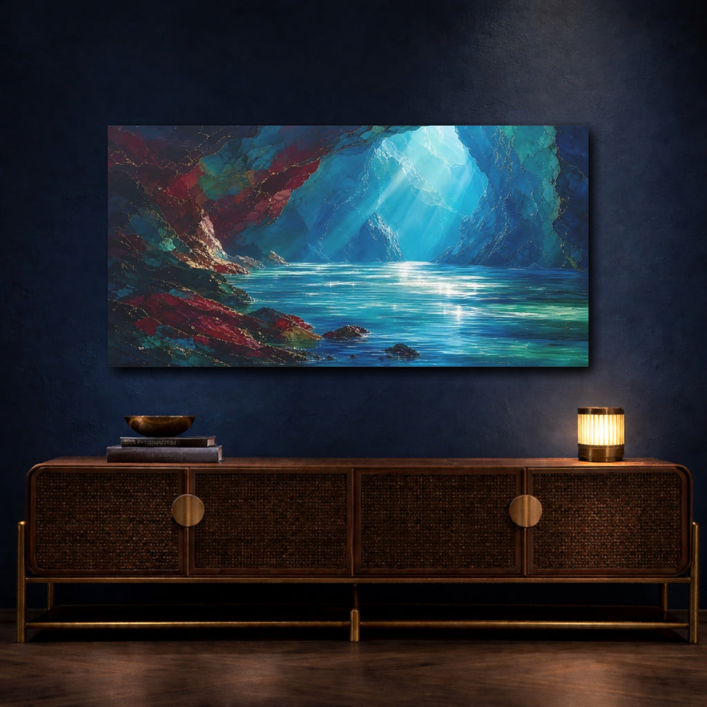 Mockup 4. Nature Water Cave Blue And Gold shown as stretched canvas wall art