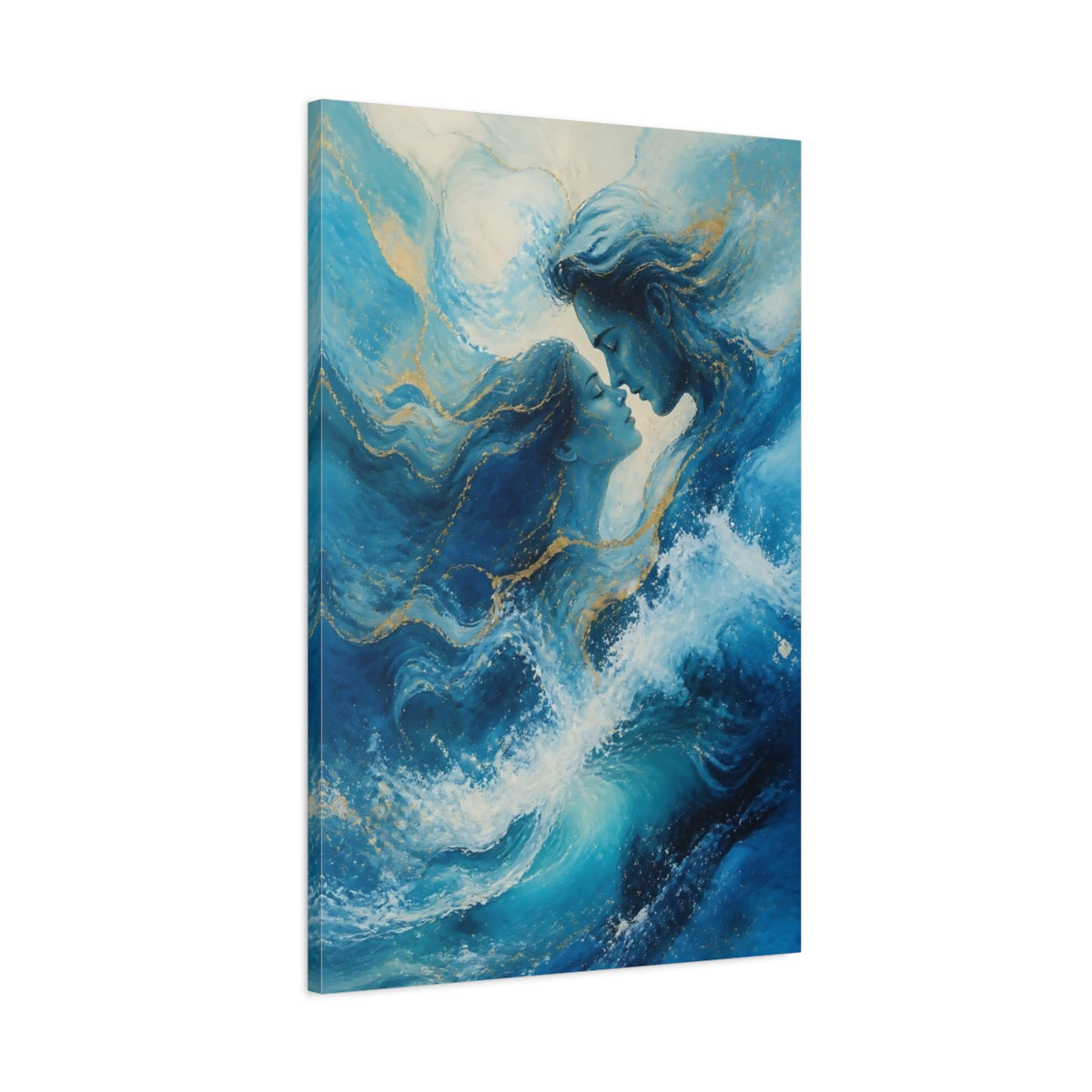 Main Mockup. Nature Water Couple Blue And Gold shown as stretched canvas wall art