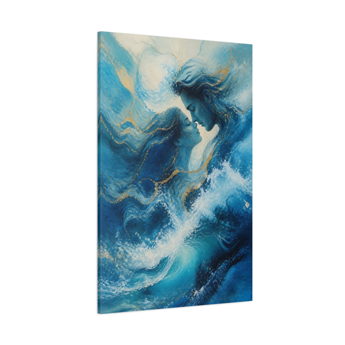Side Mockup 1. Nature Water Couple Blue And Gold shown as stretched canvas wall art