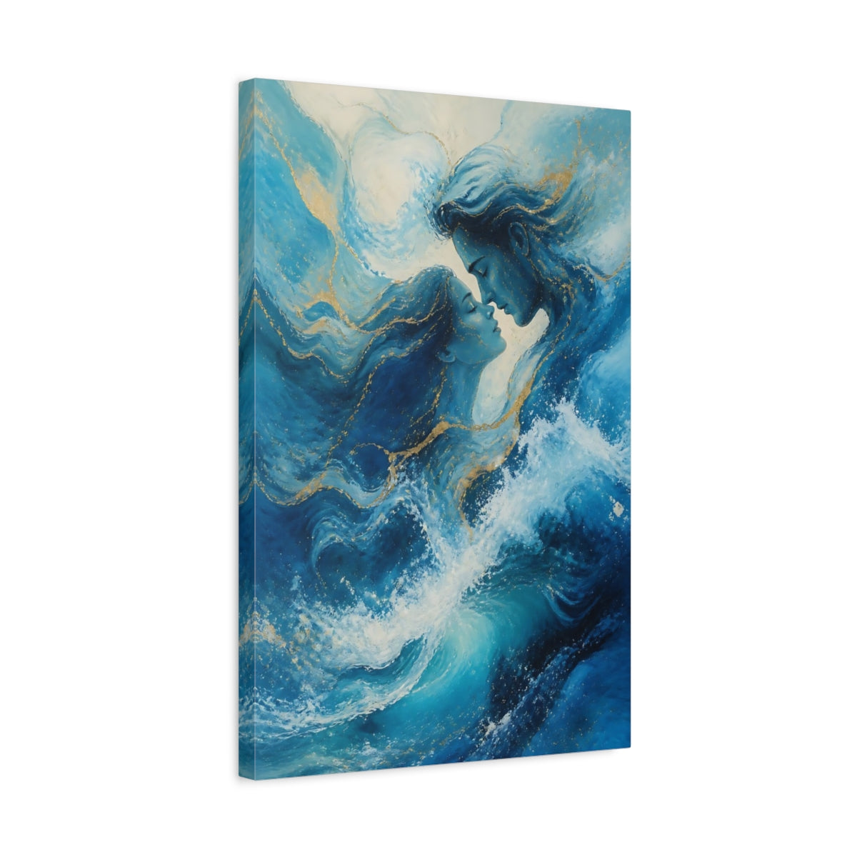 Side Mockup 3. Nature Water Couple Blue And Gold shown as stretched canvas wall art