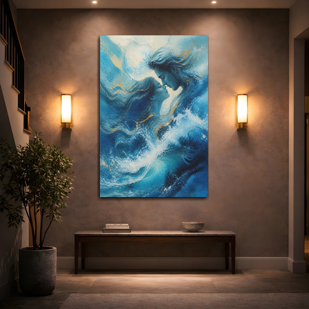 Mockup 2. Nature Water Couple Blue And Gold shown as stretched canvas wall art