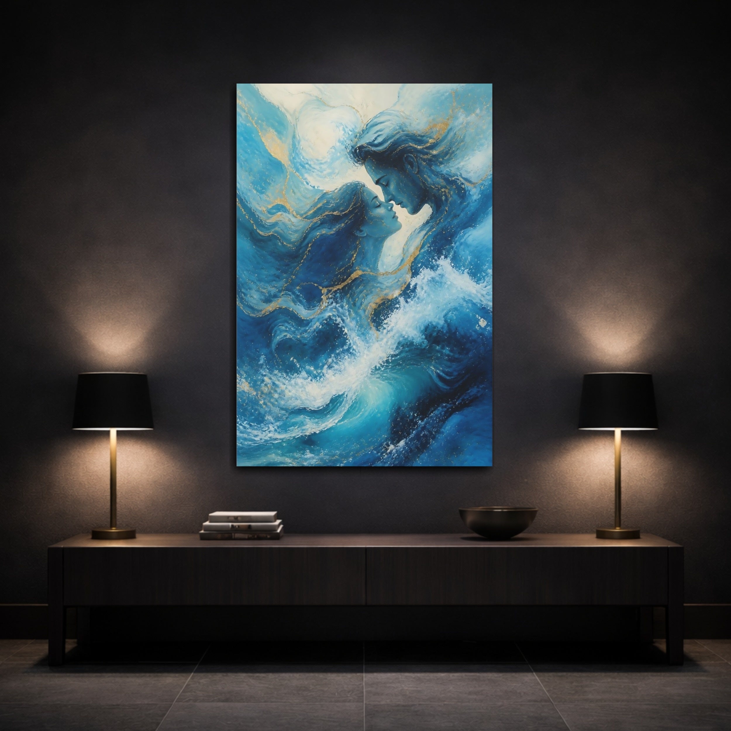 Mockup 3. Nature Water Couple Blue And Gold shown as stretched canvas wall art