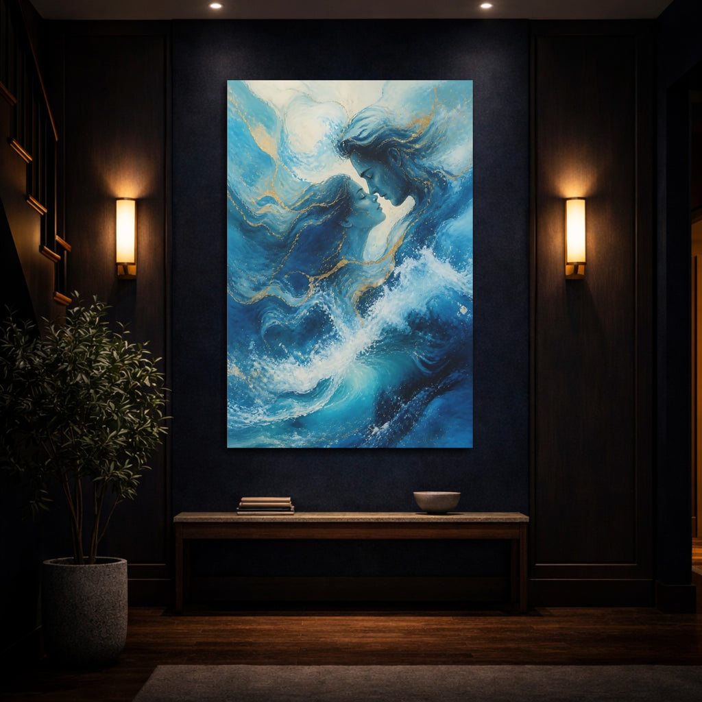 Mockup 4. Nature Water Couple Blue And Gold shown as stretched canvas wall art