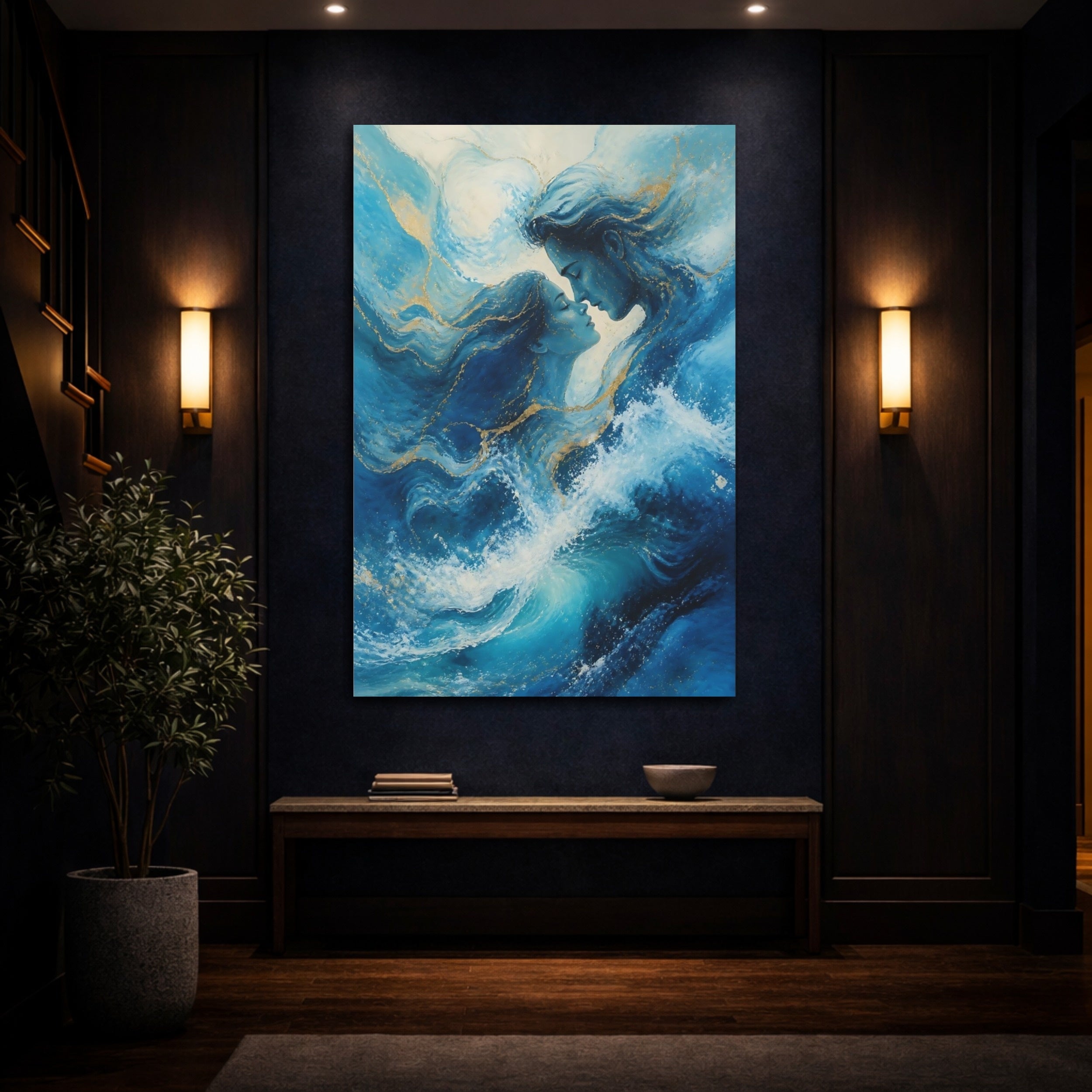 Mockup 4. Nature Water Couple Blue And Gold shown as stretched canvas wall art
