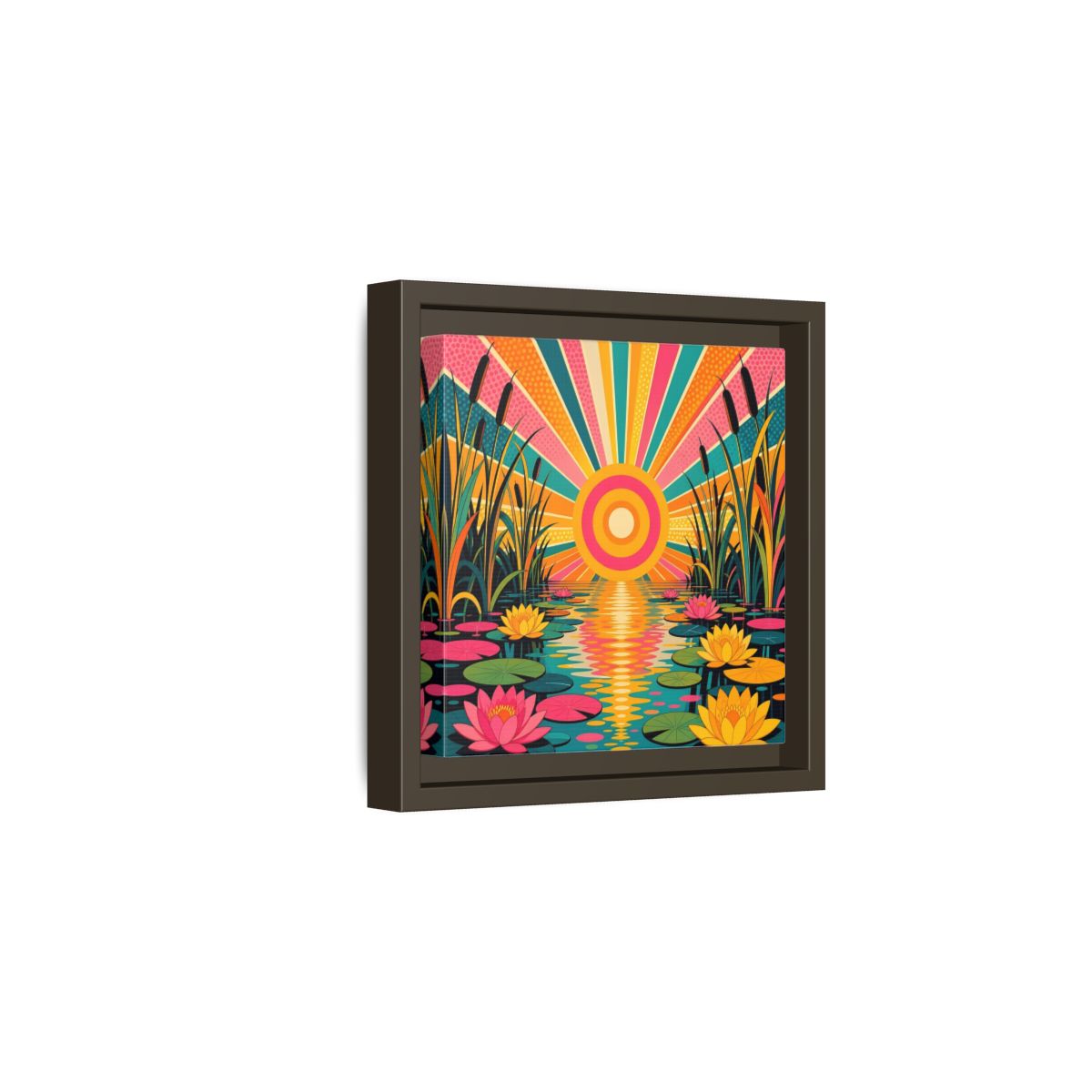 Side Mockup 2. Nature Water Lilies Colorful Lotus Pond shown as stretched canvas wall art