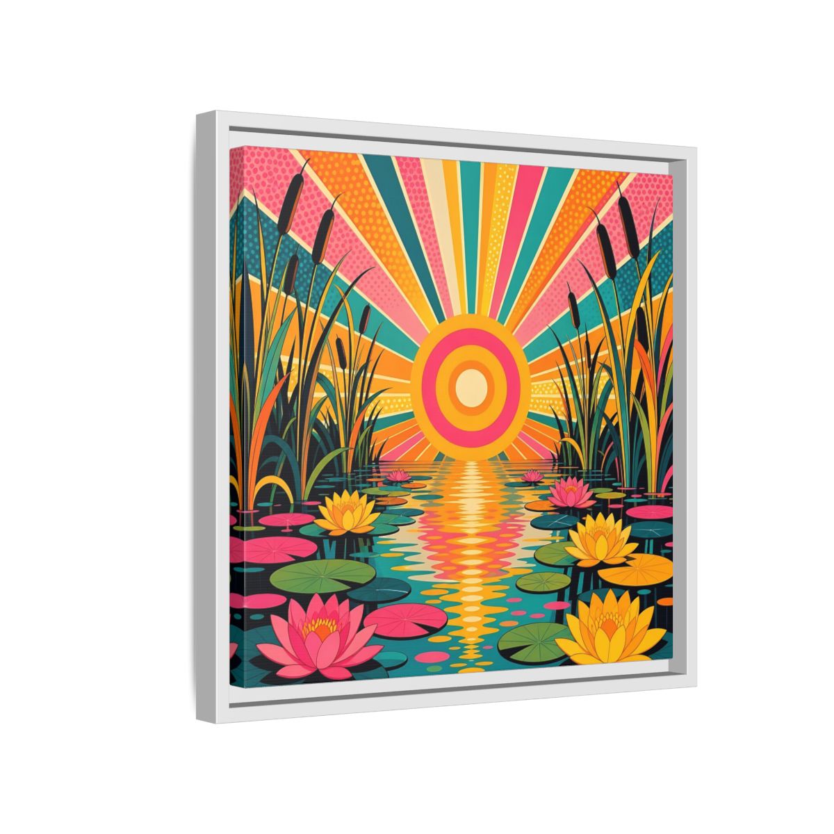Side Mockup 13. Nature Water Lilies Colorful Lotus Pond shown as stretched canvas wall art