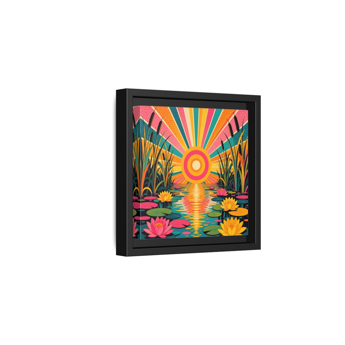 Side Mockup 3. Nature Water Lilies Colorful Lotus Pond shown as stretched canvas wall art