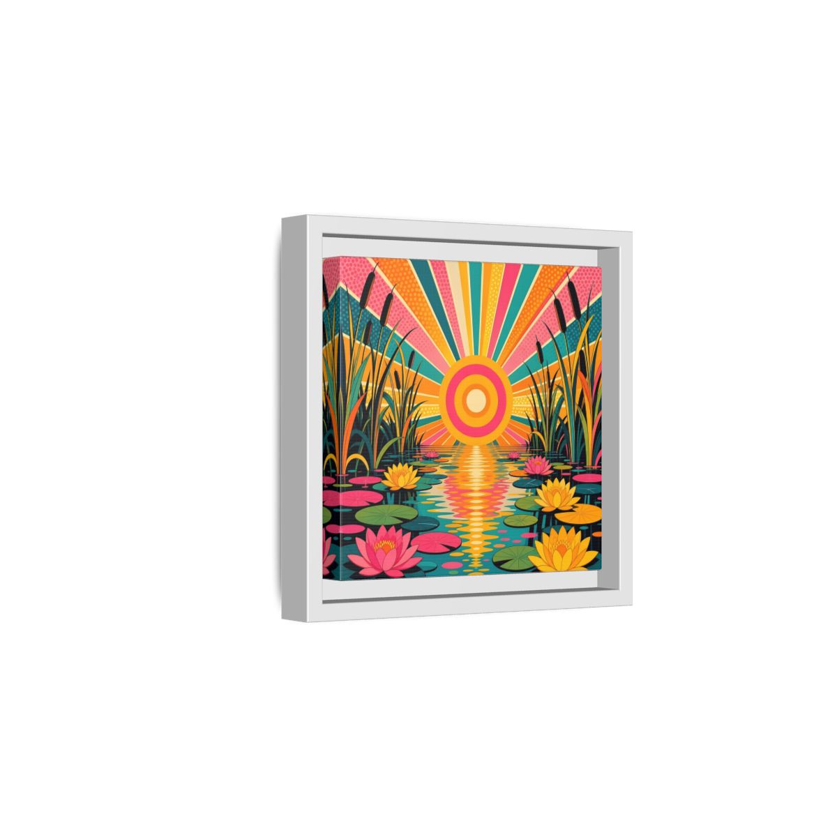 Side Mockup 1. Nature Water Lilies Colorful Lotus Pond shown as stretched canvas wall art