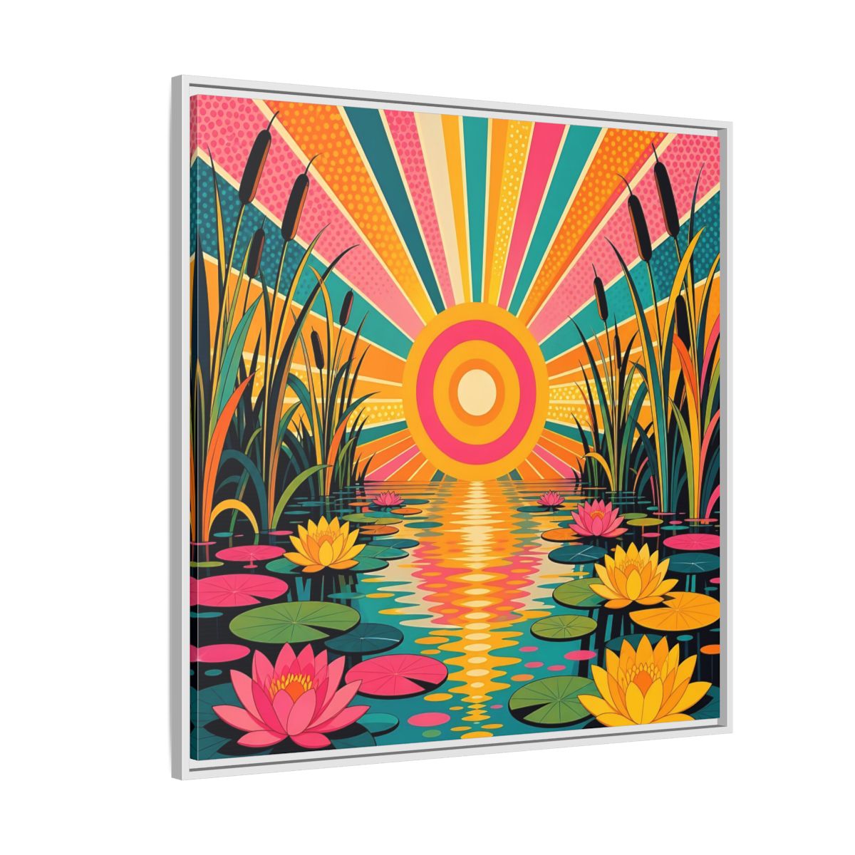 Side Mockup 4. Nature Water Lilies Colorful Lotus Pond shown as stretched canvas wall art