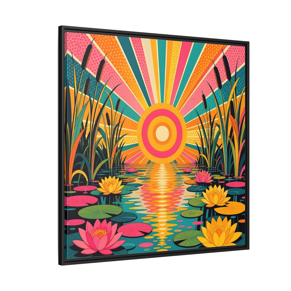 Side Mockup 6. Nature Water Lilies Colorful Lotus Pond shown as stretched canvas wall art