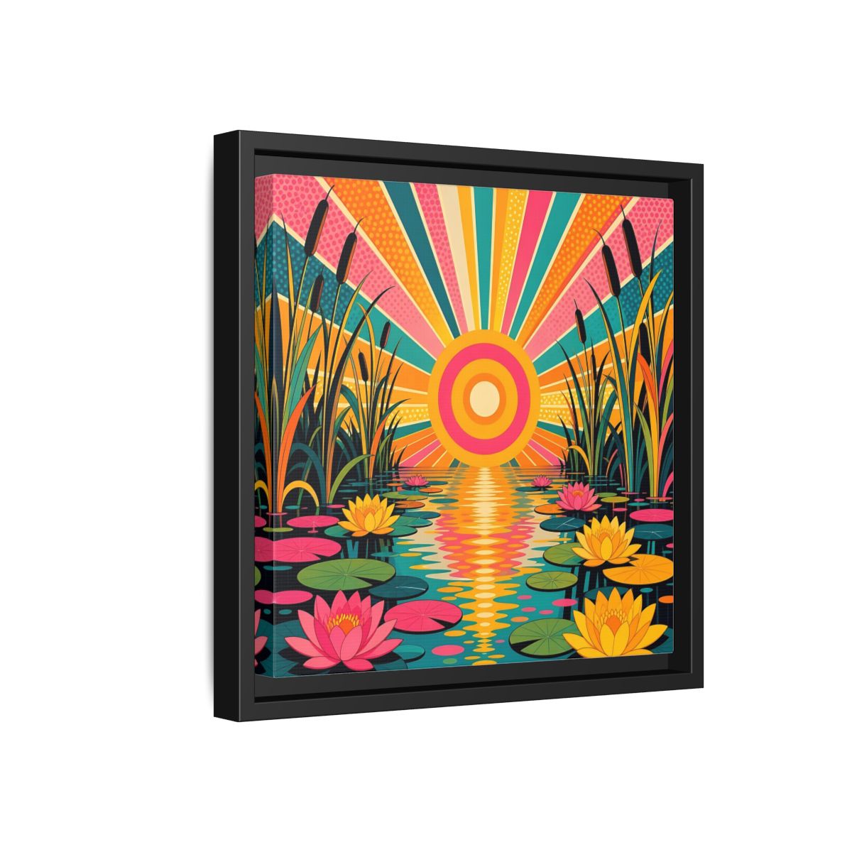 Side Mockup 18. Nature Water Lilies Colorful Lotus Pond shown as stretched canvas wall art