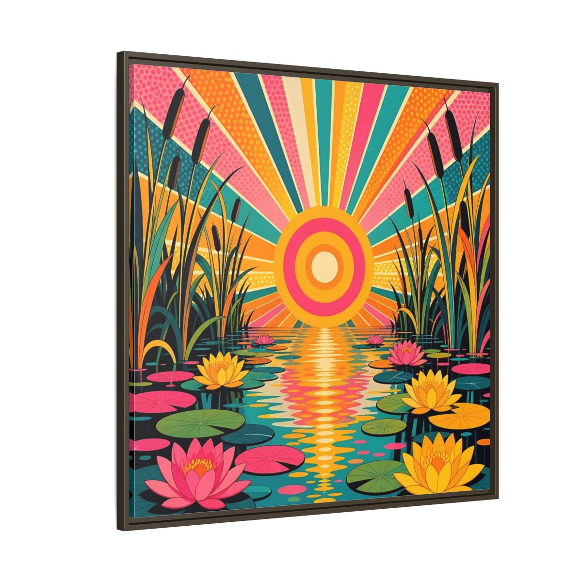 Side Mockup 5. Nature Water Lilies Colorful Lotus Pond shown as stretched canvas wall art