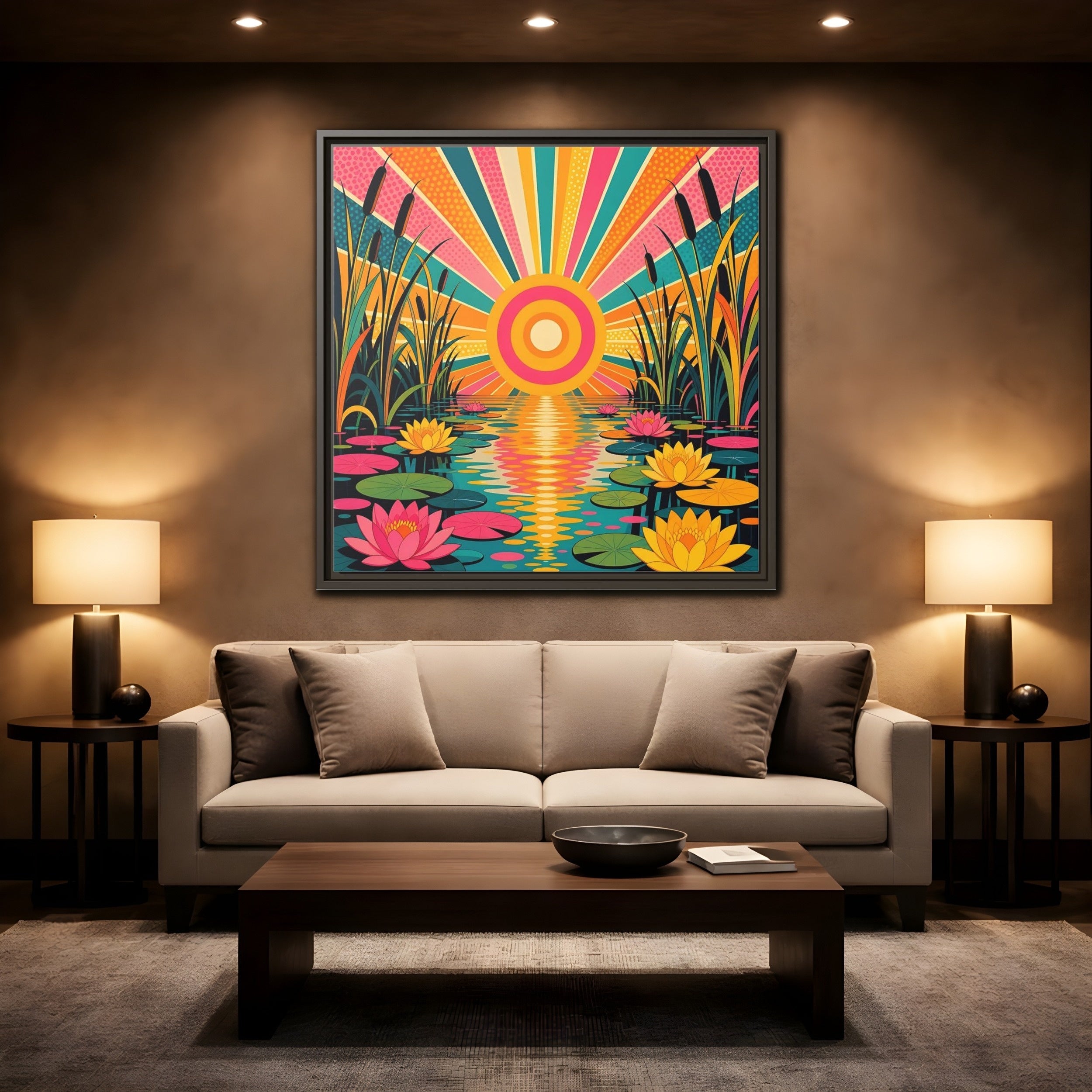 Mockup 2. Nature Water Lilies Colorful Lotus Pond shown as stretched canvas wall art